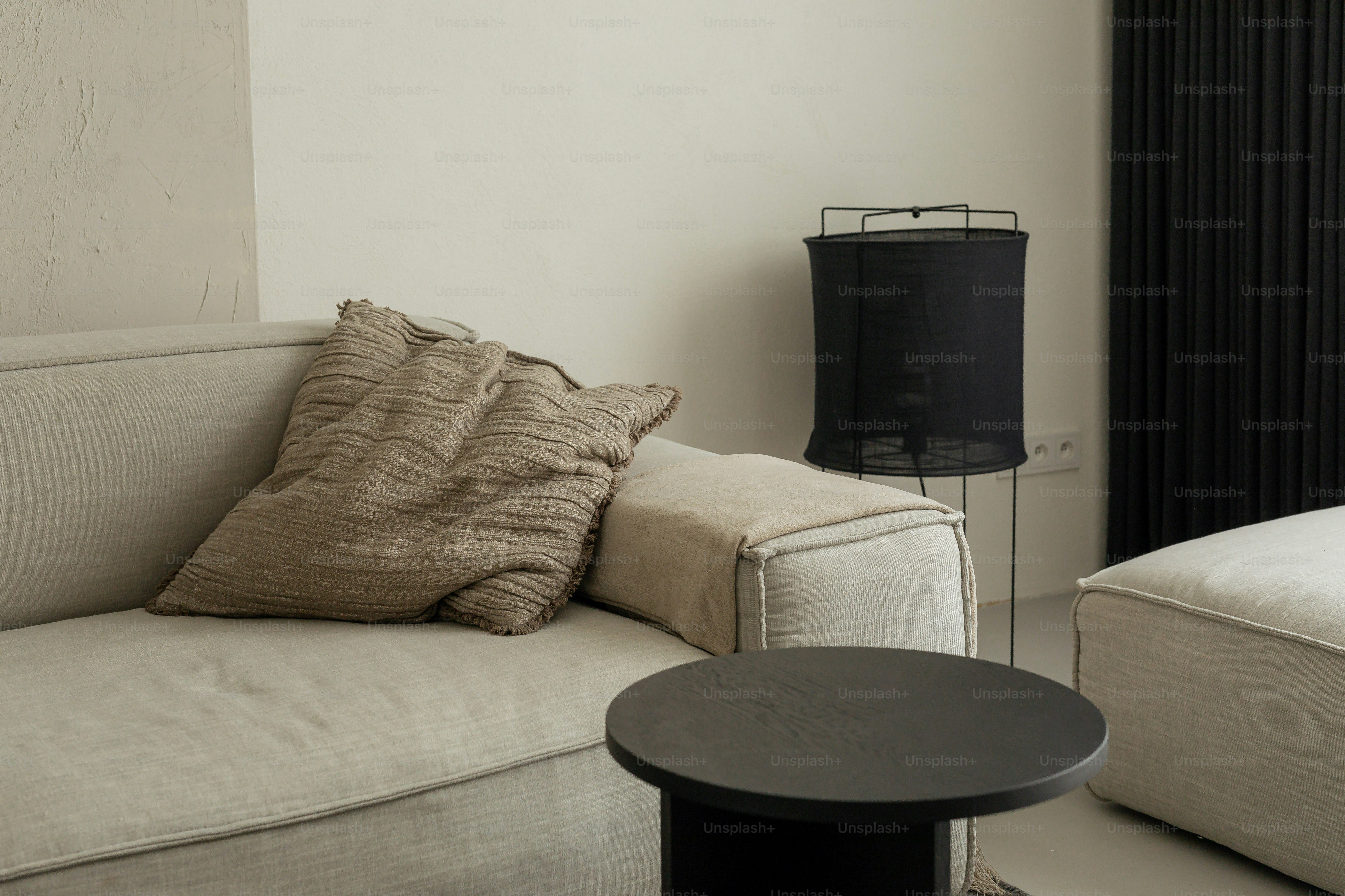 A cozy living room with neutral tones.