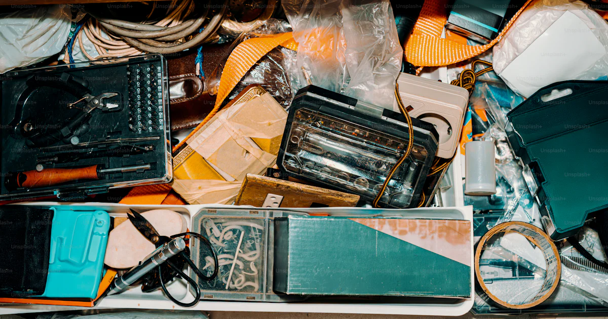 Object Clutter A cluttered drawer overflows with various random objects. photo – Mess ...