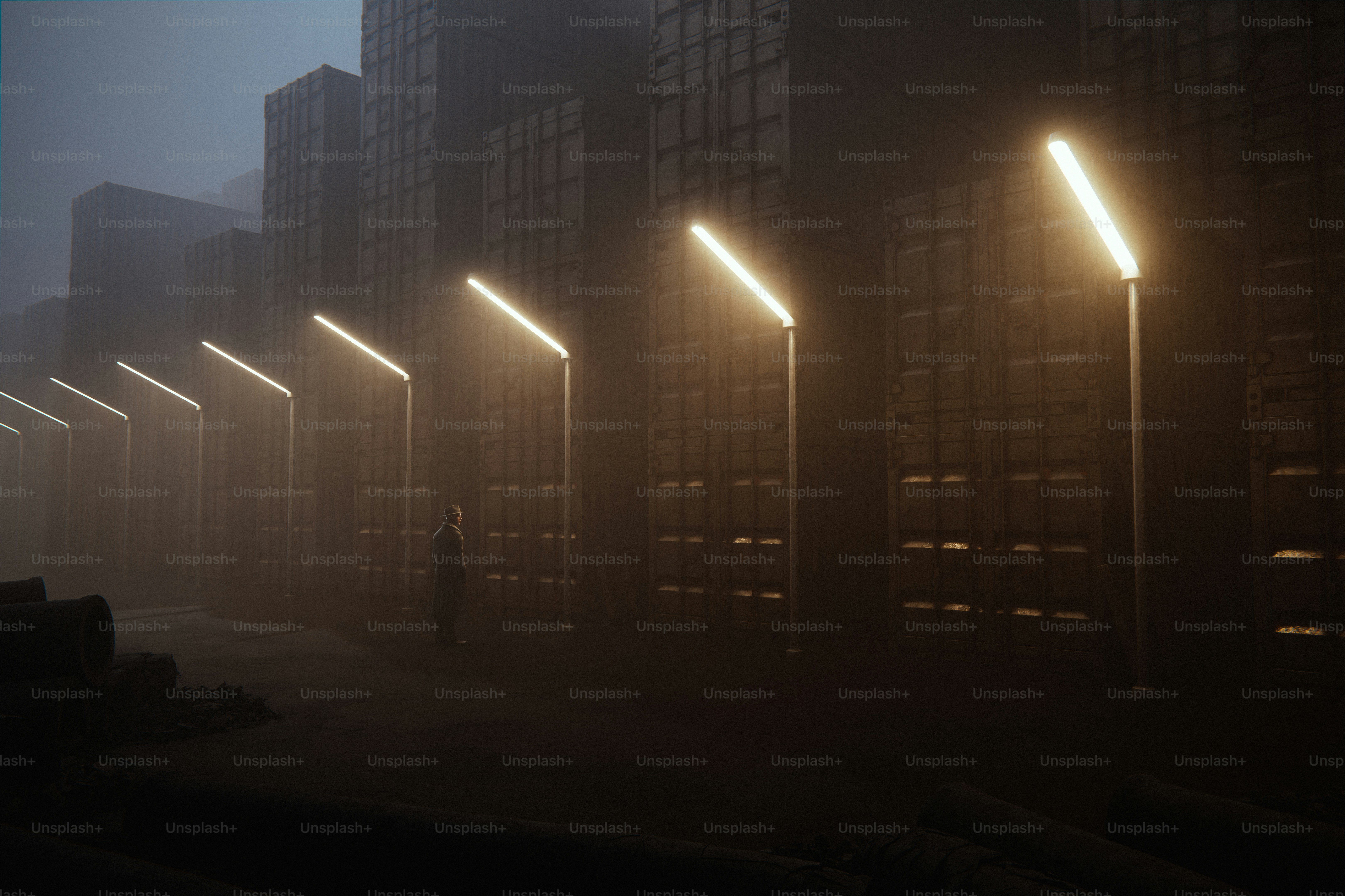 A foggy, illuminated street with tall buildings.