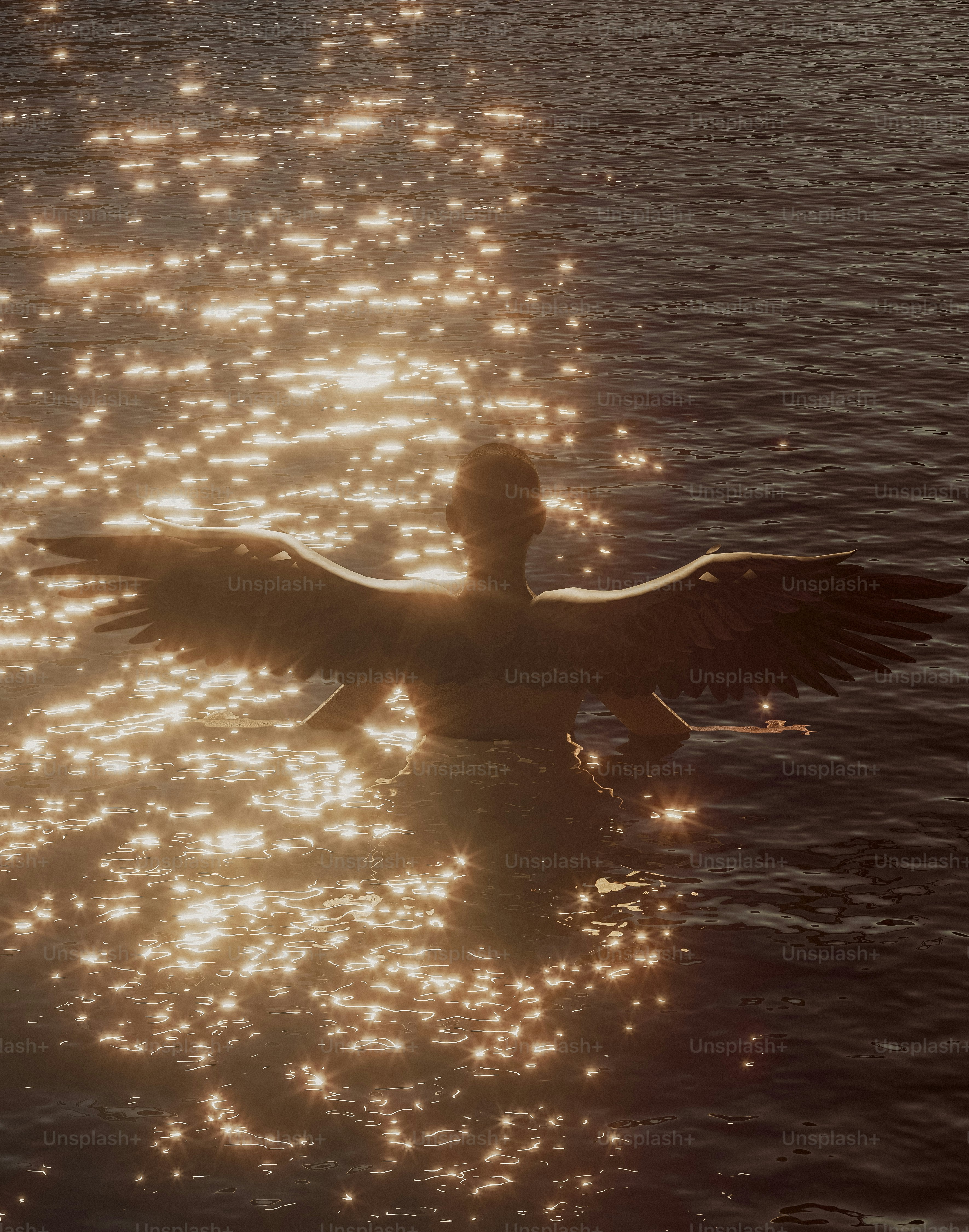 A figure with wings emerges from the water.