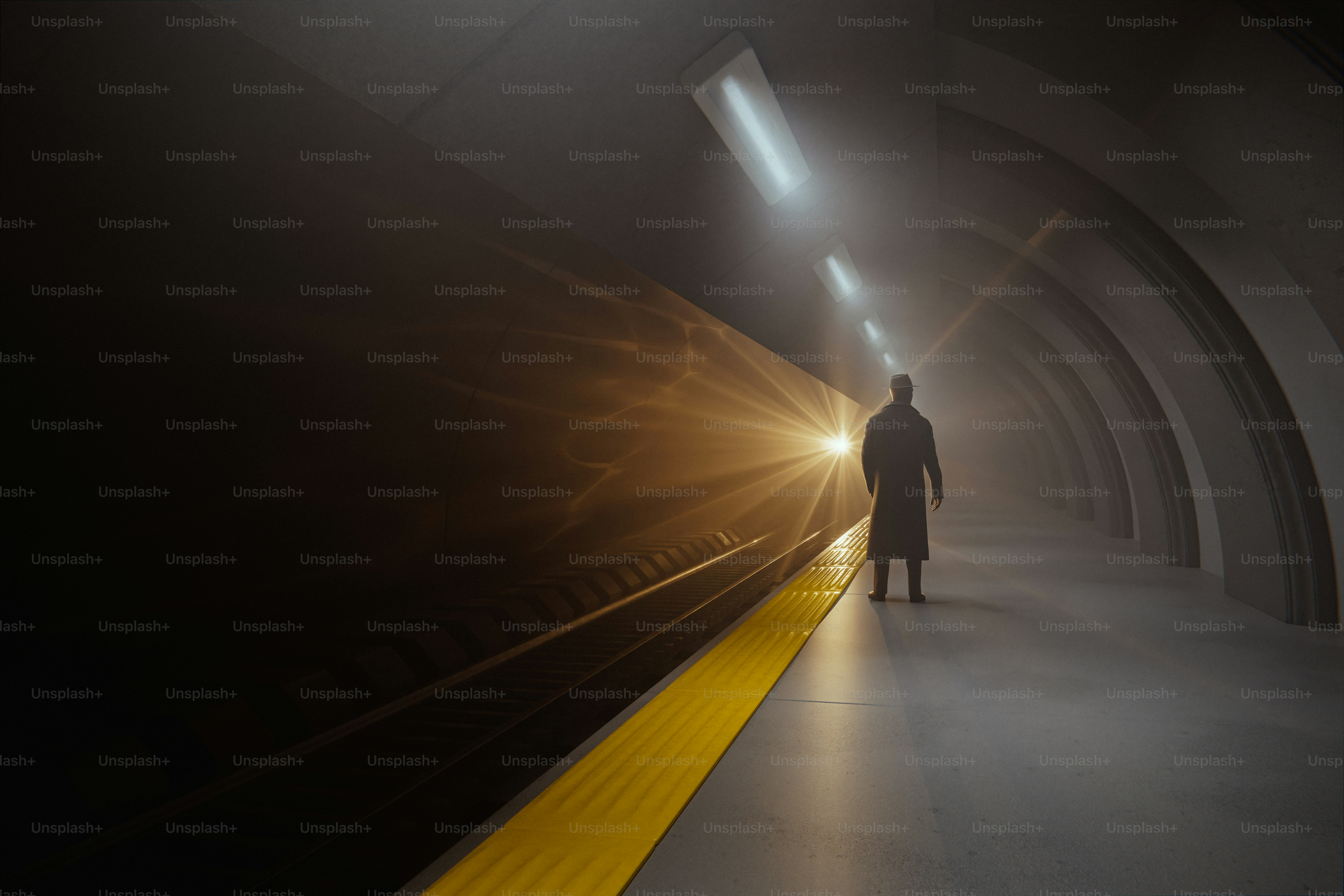 A figure awaits a train in a dark tunnel.
