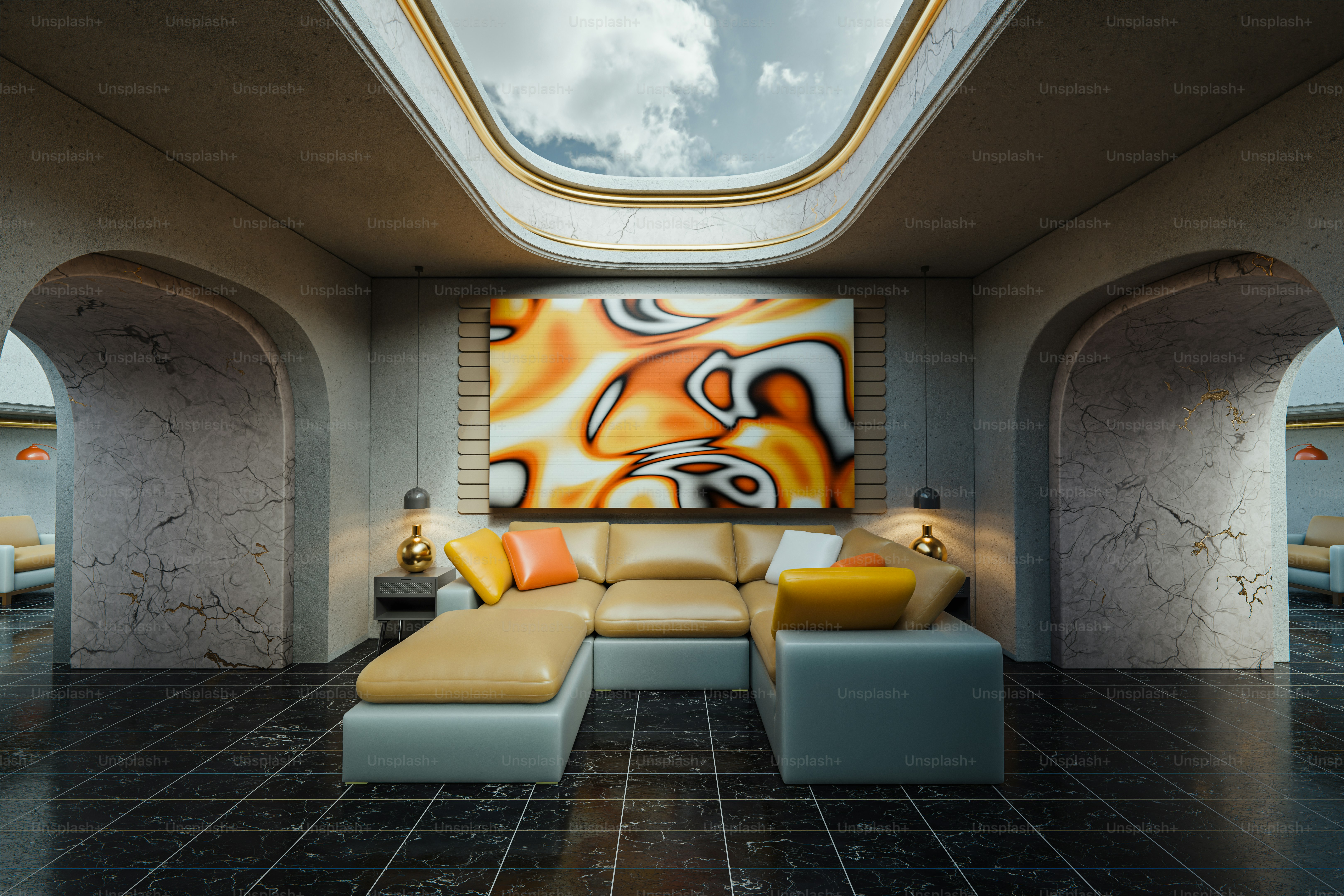 A modern living room with a skyview.