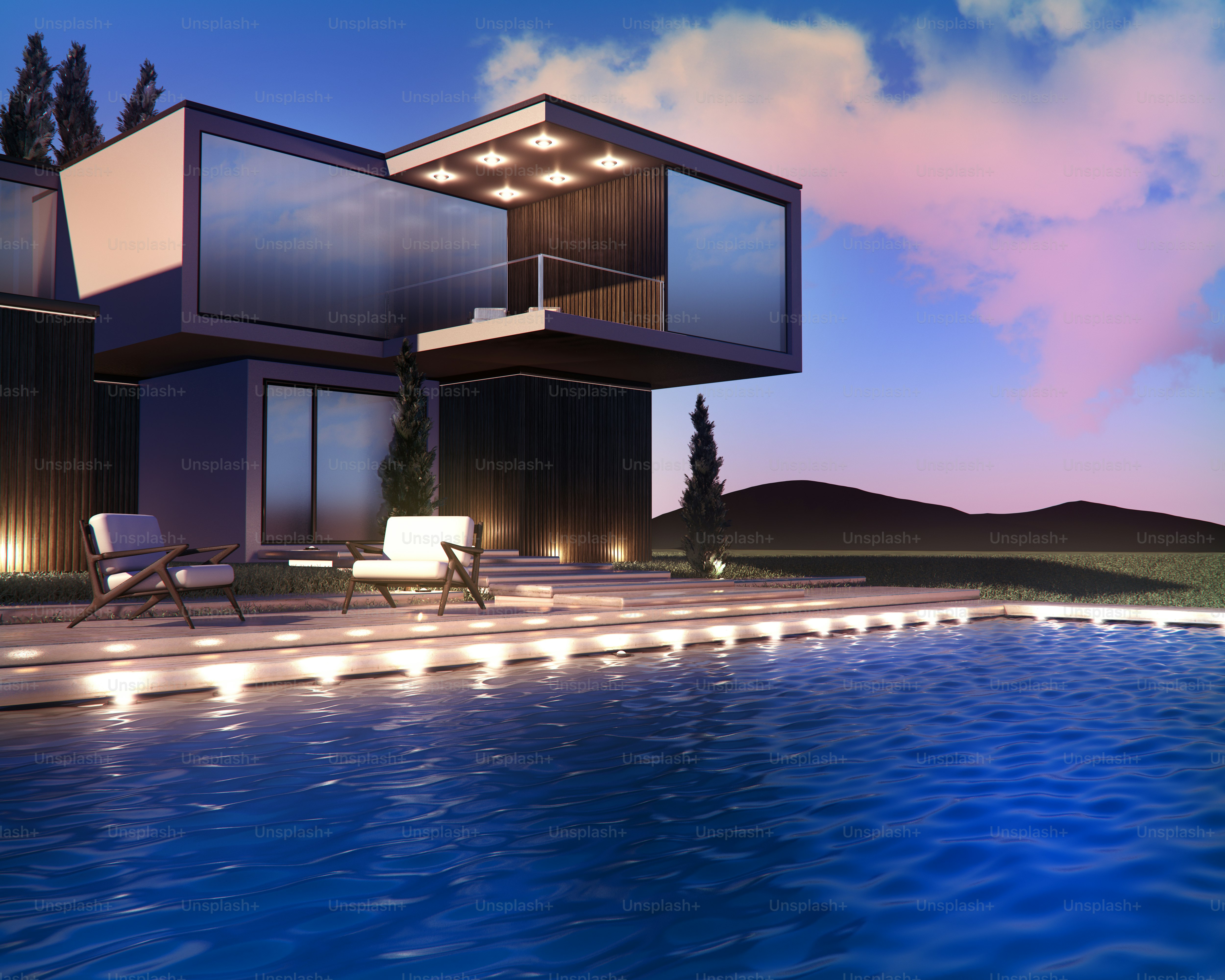 Modern house with a pool under a blue sky. photo – Architecture Image ...