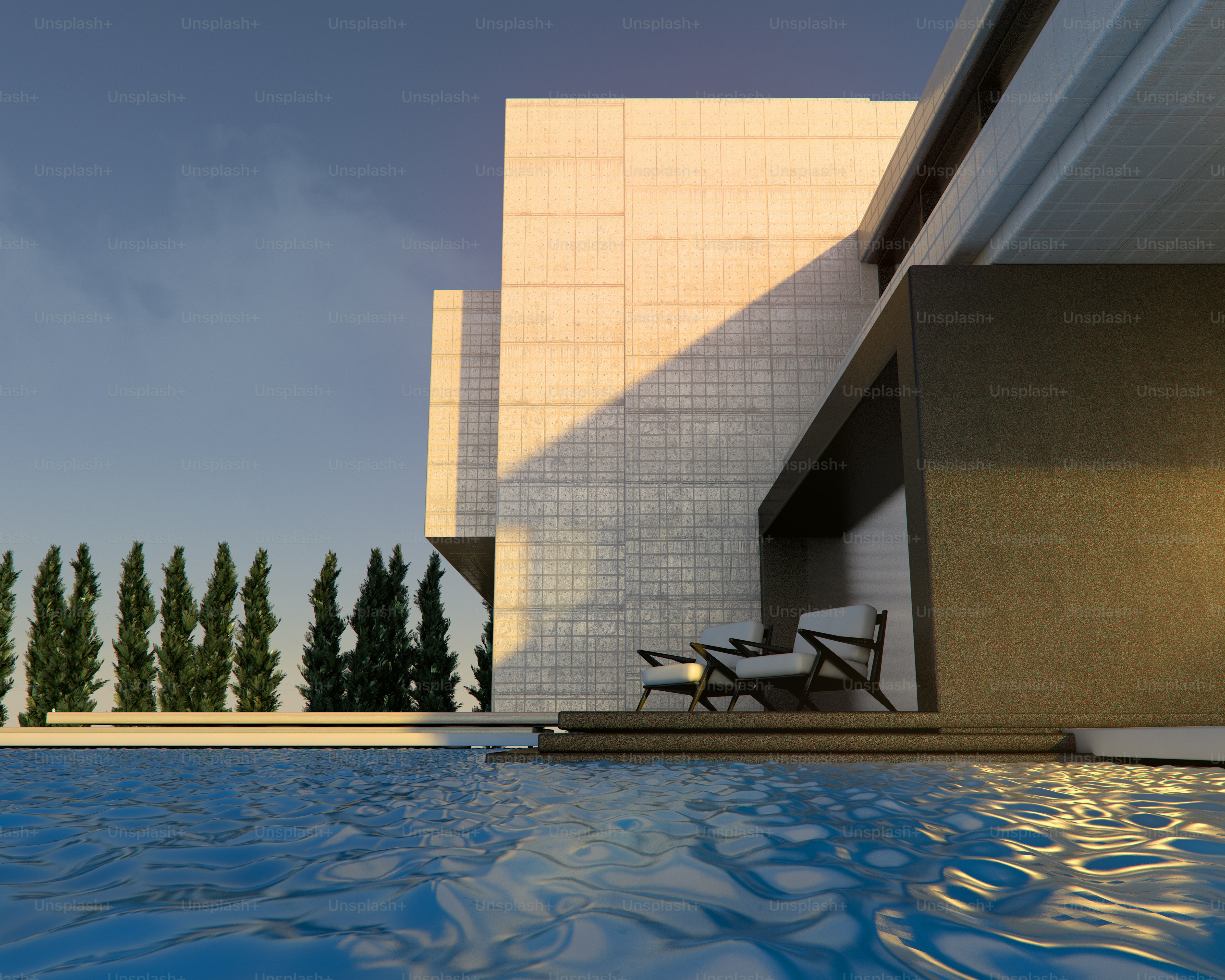 Casa moderna com piscina à luz do sol.
