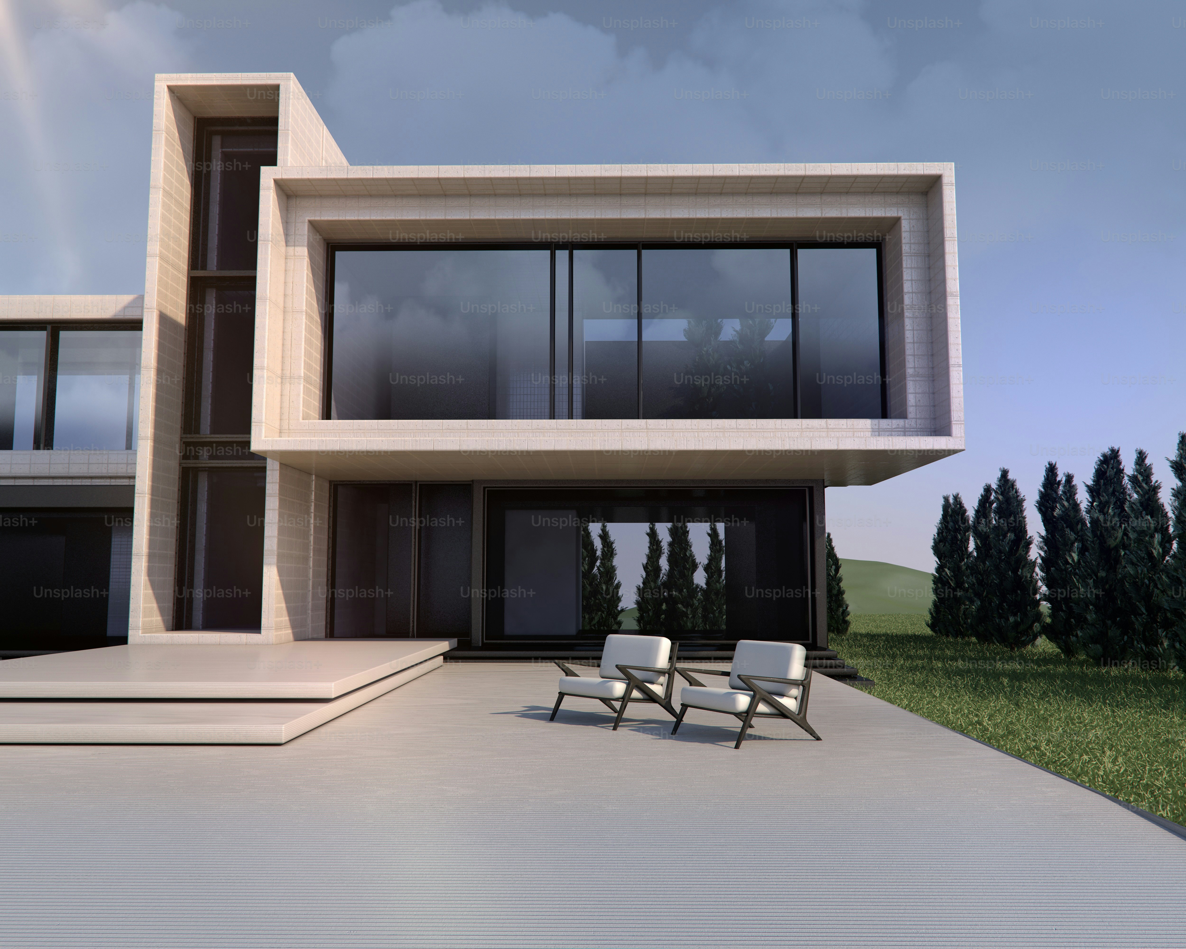 Modern house with sleek design and outdoor seating.