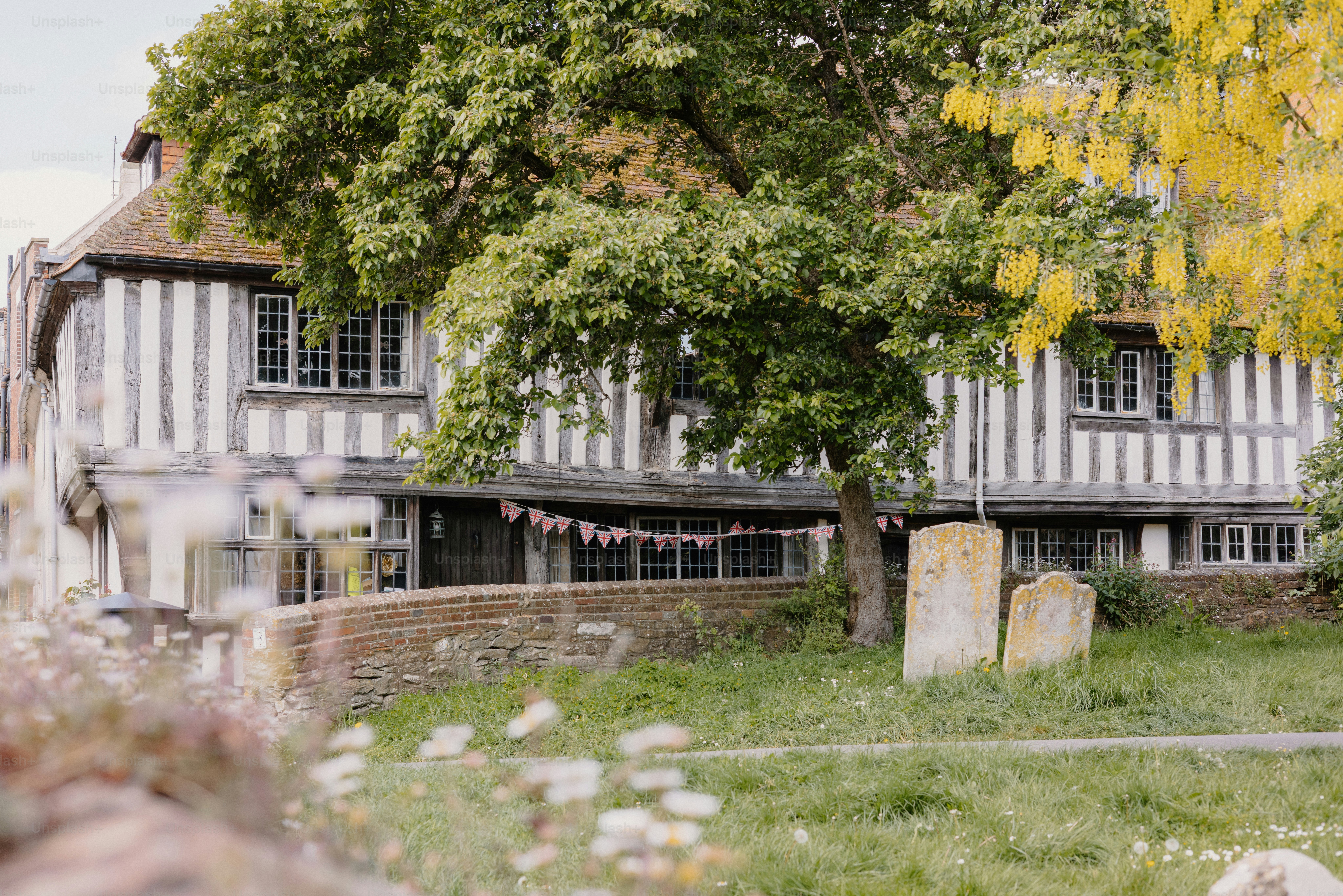 An old house is seen partially behind trees.