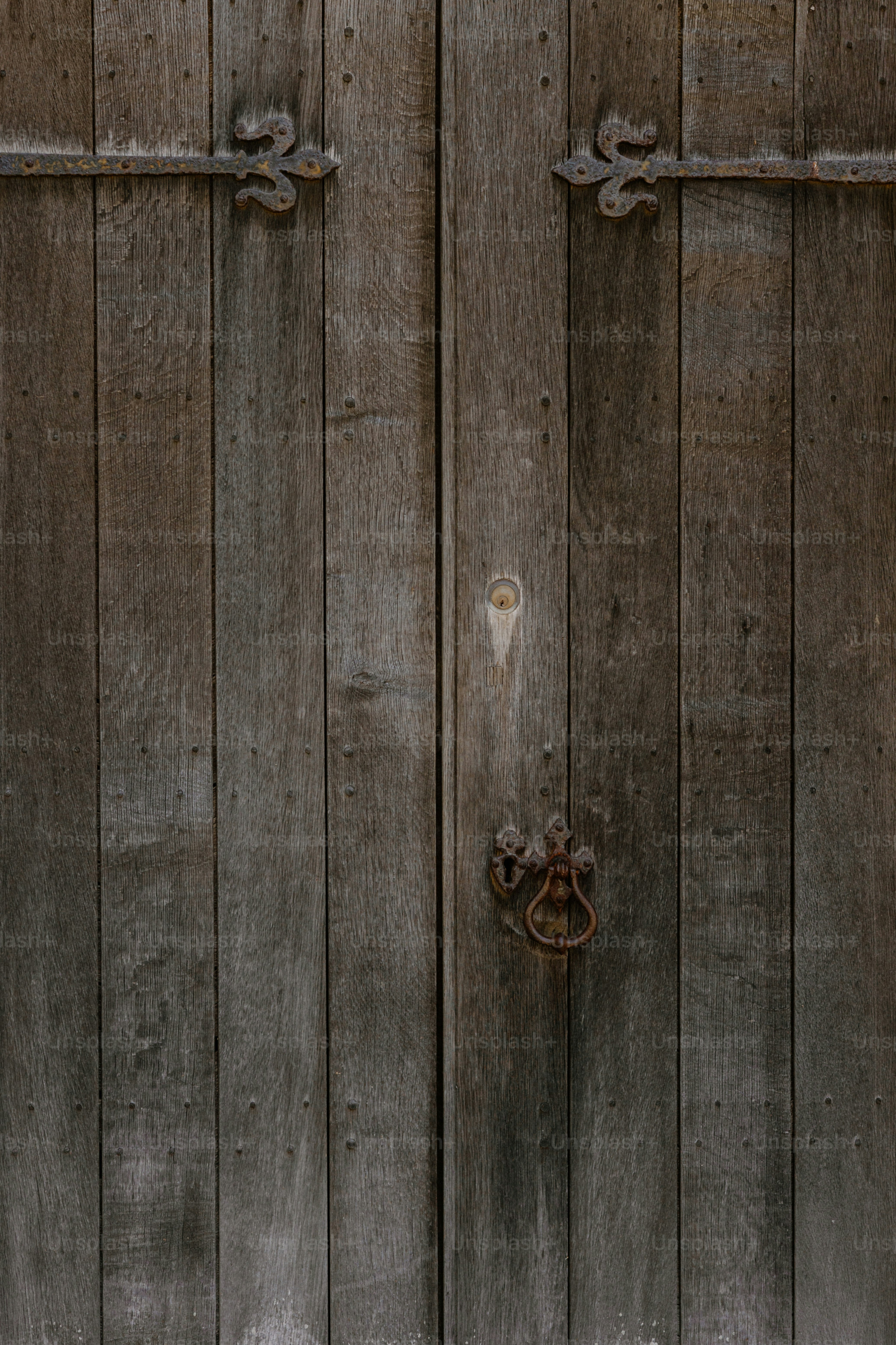 Wooden double doors with ornate iron hardware.