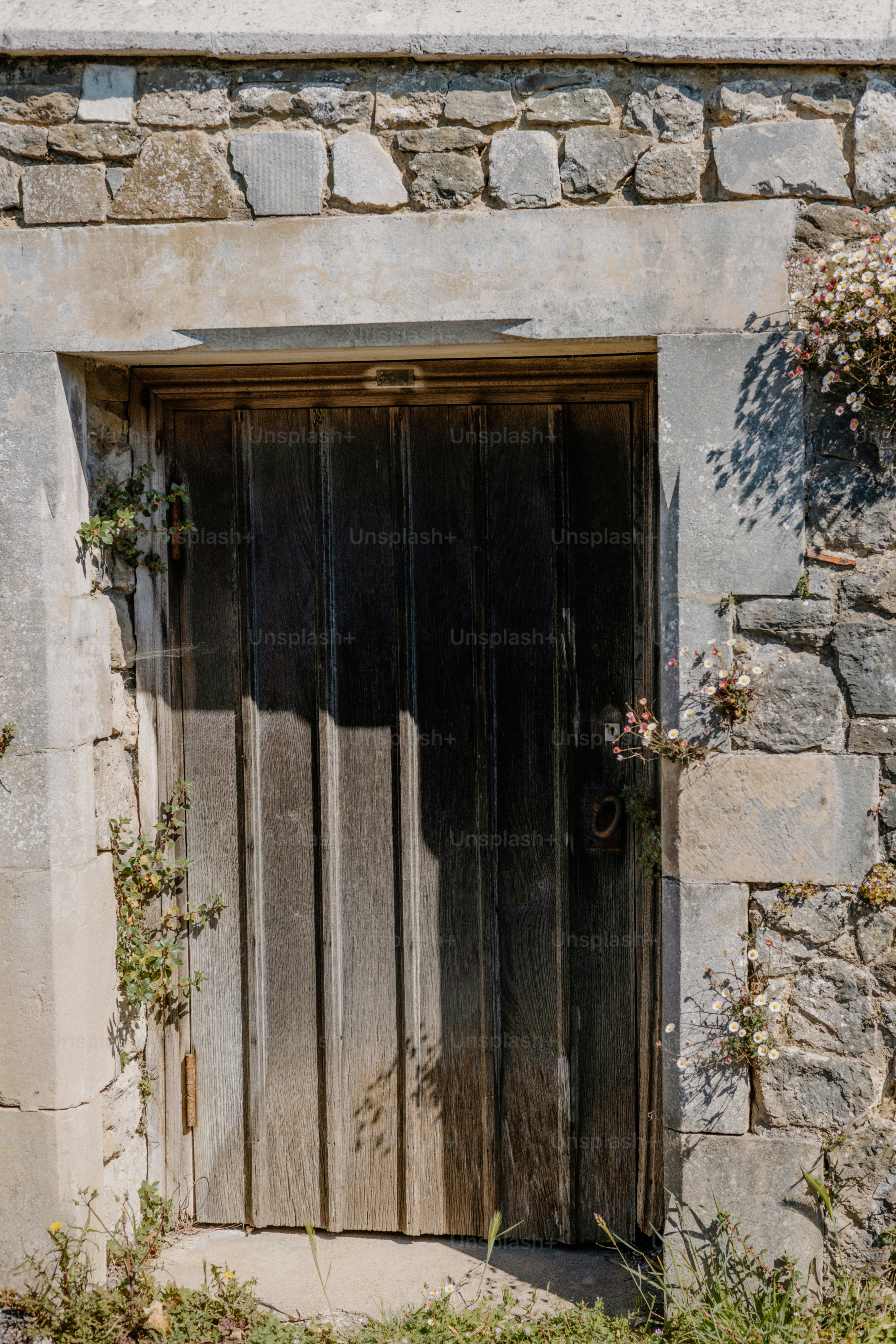 A wooden door is set in a stone wall.