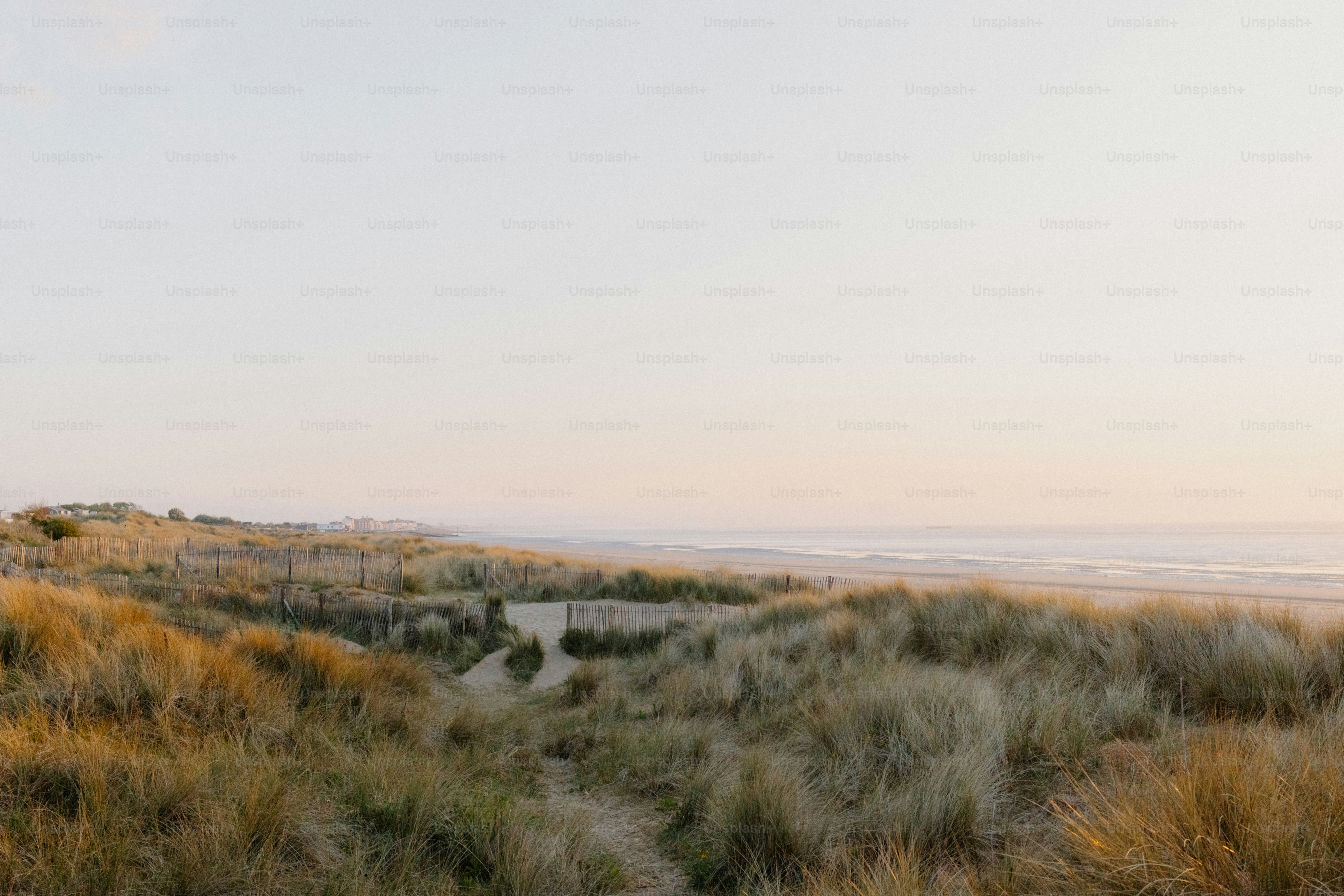 Sandy dunes and ocean during a sunset.