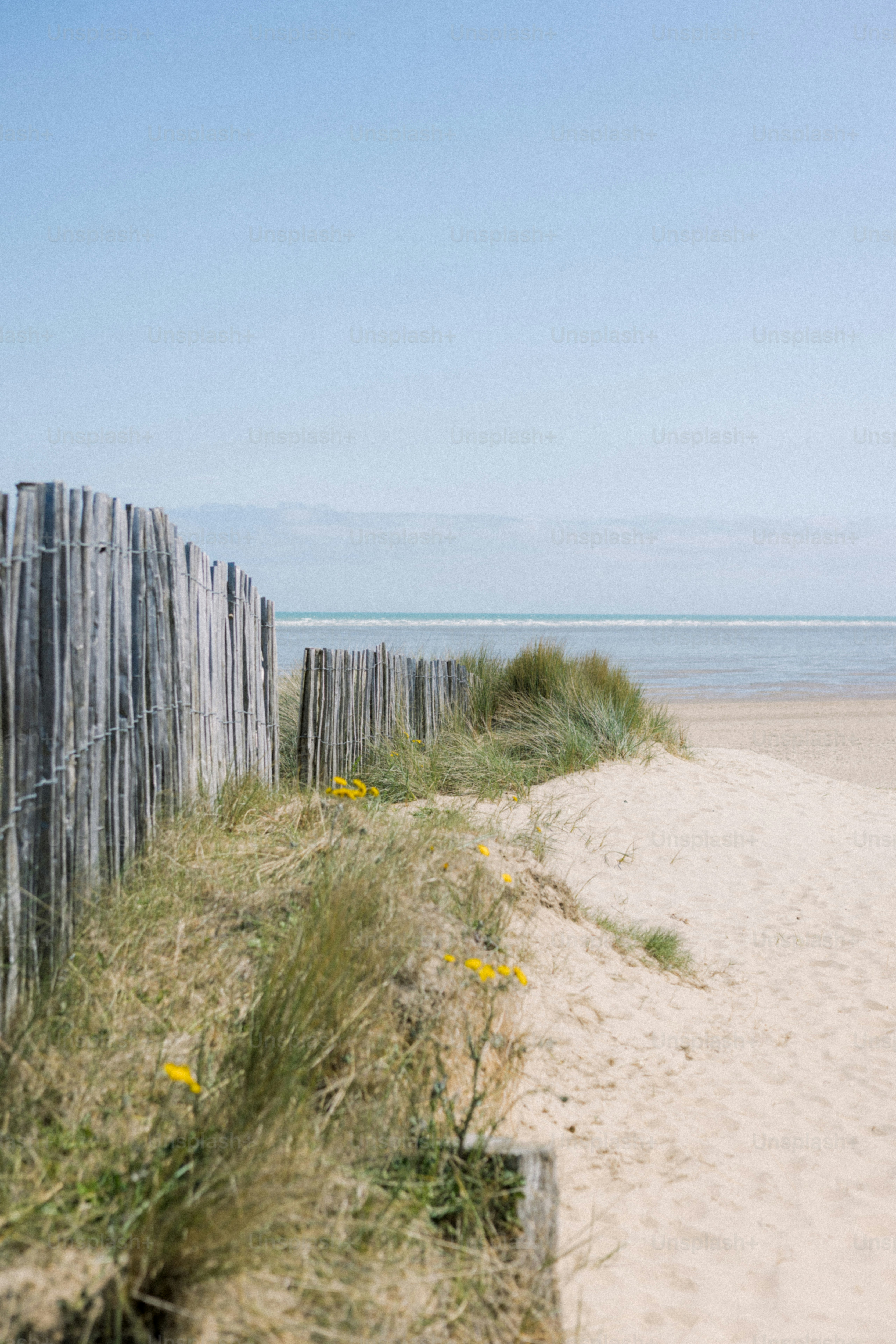 Sandy beach scene with fence and ocean view.