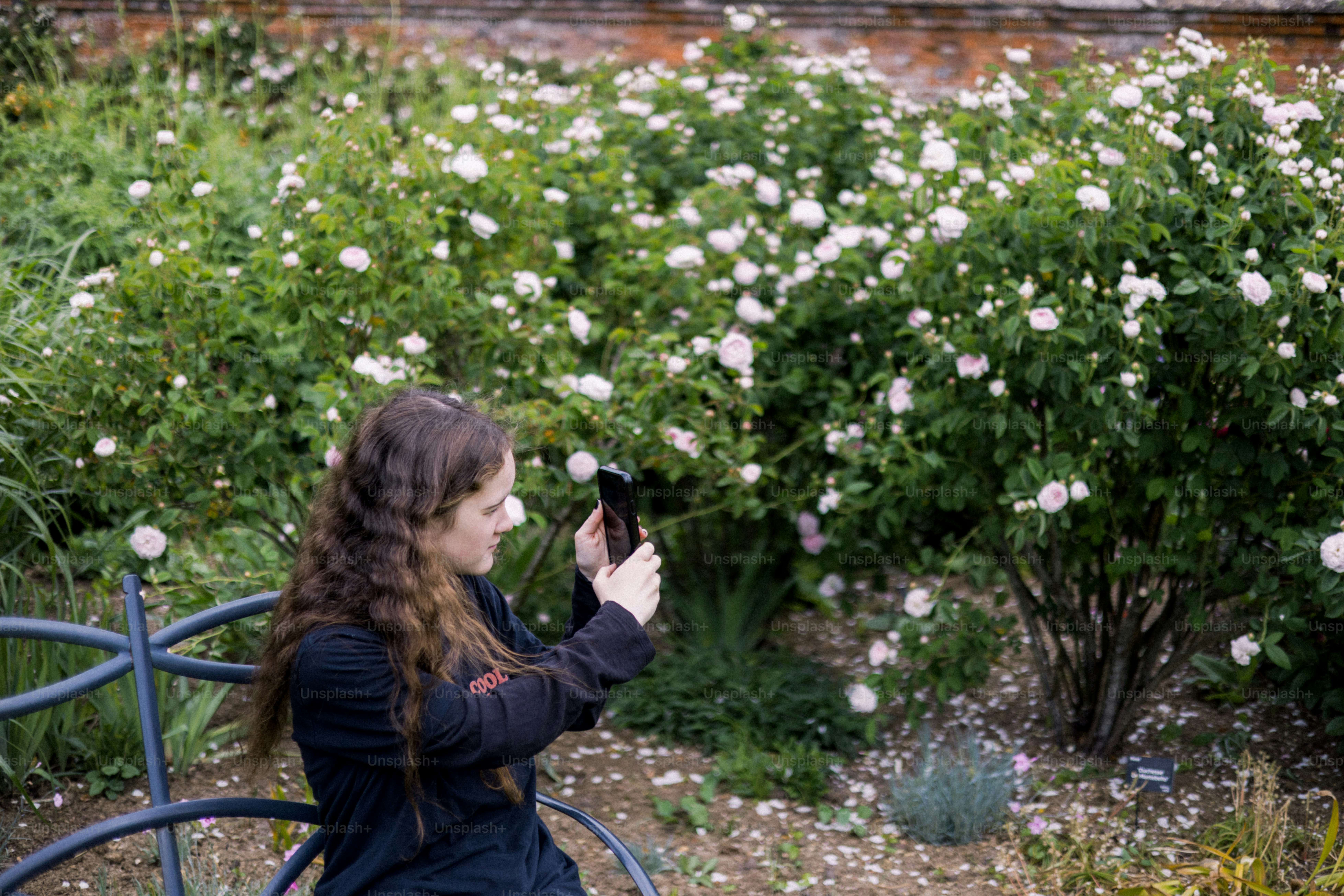 Une femme photographie des fleurs dans un beau jardin.