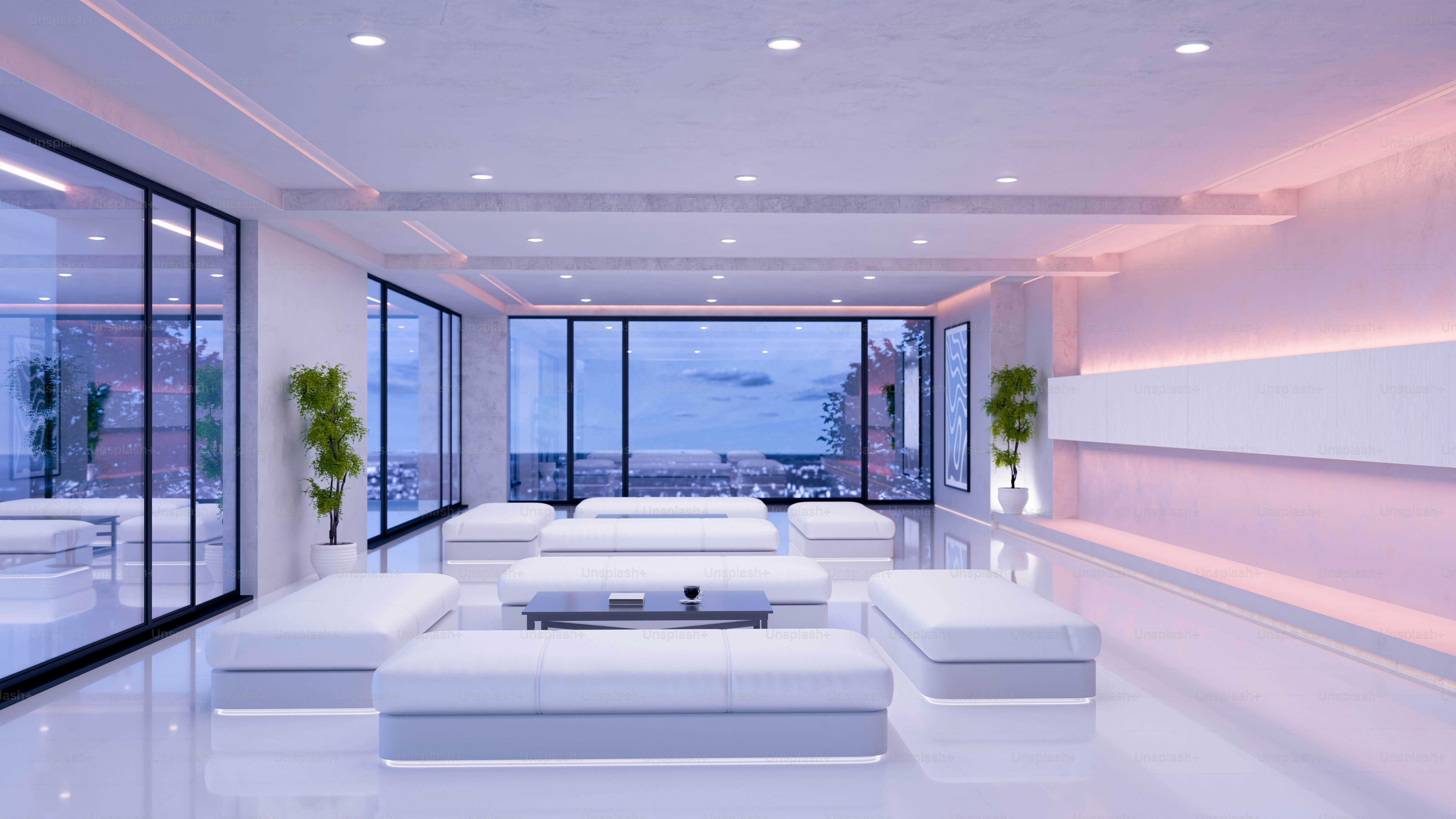 風光明媚な景色を望むモダンで明るいリビングルーム。