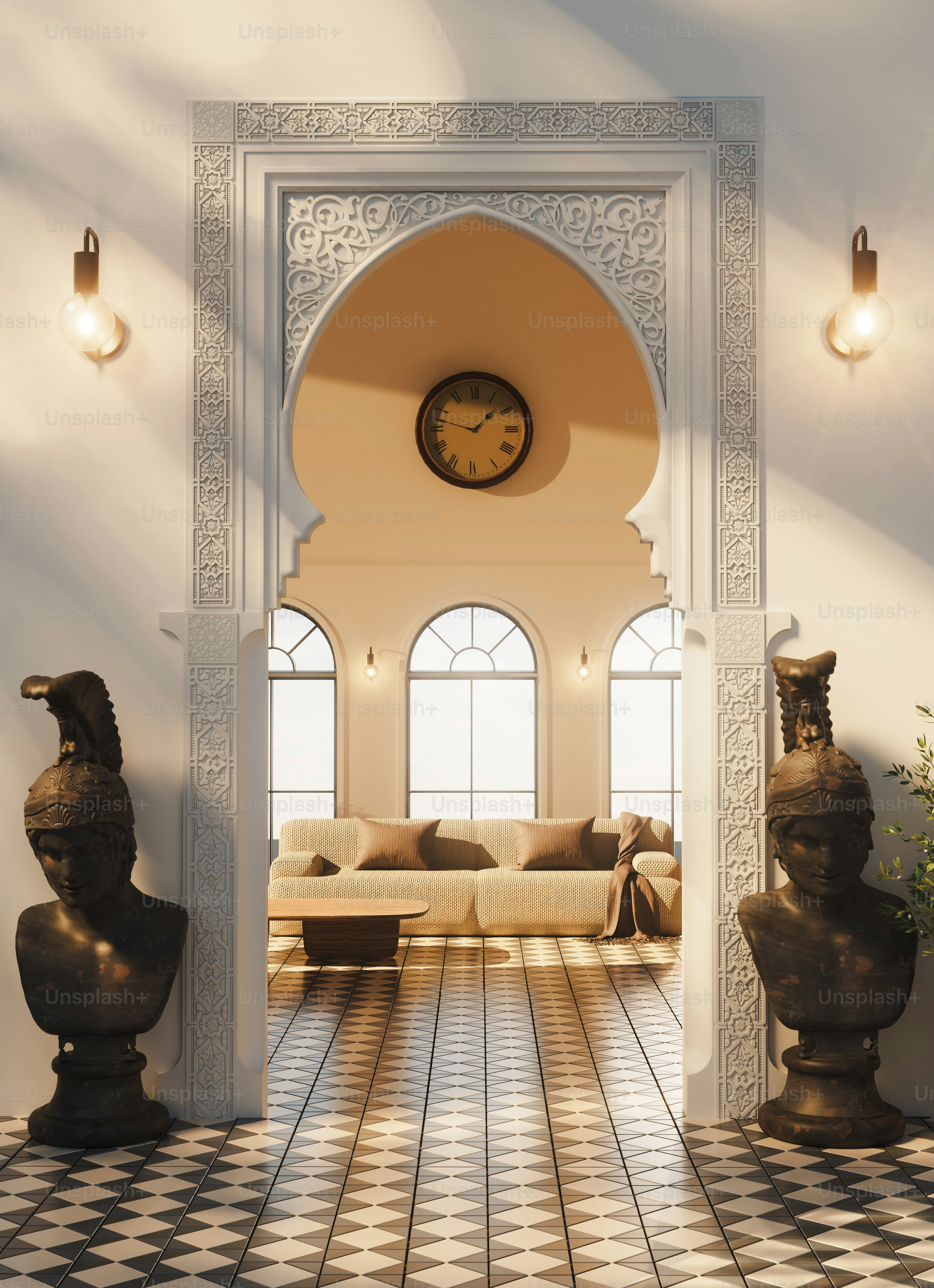 An ornate archway reveals a stylish interior.