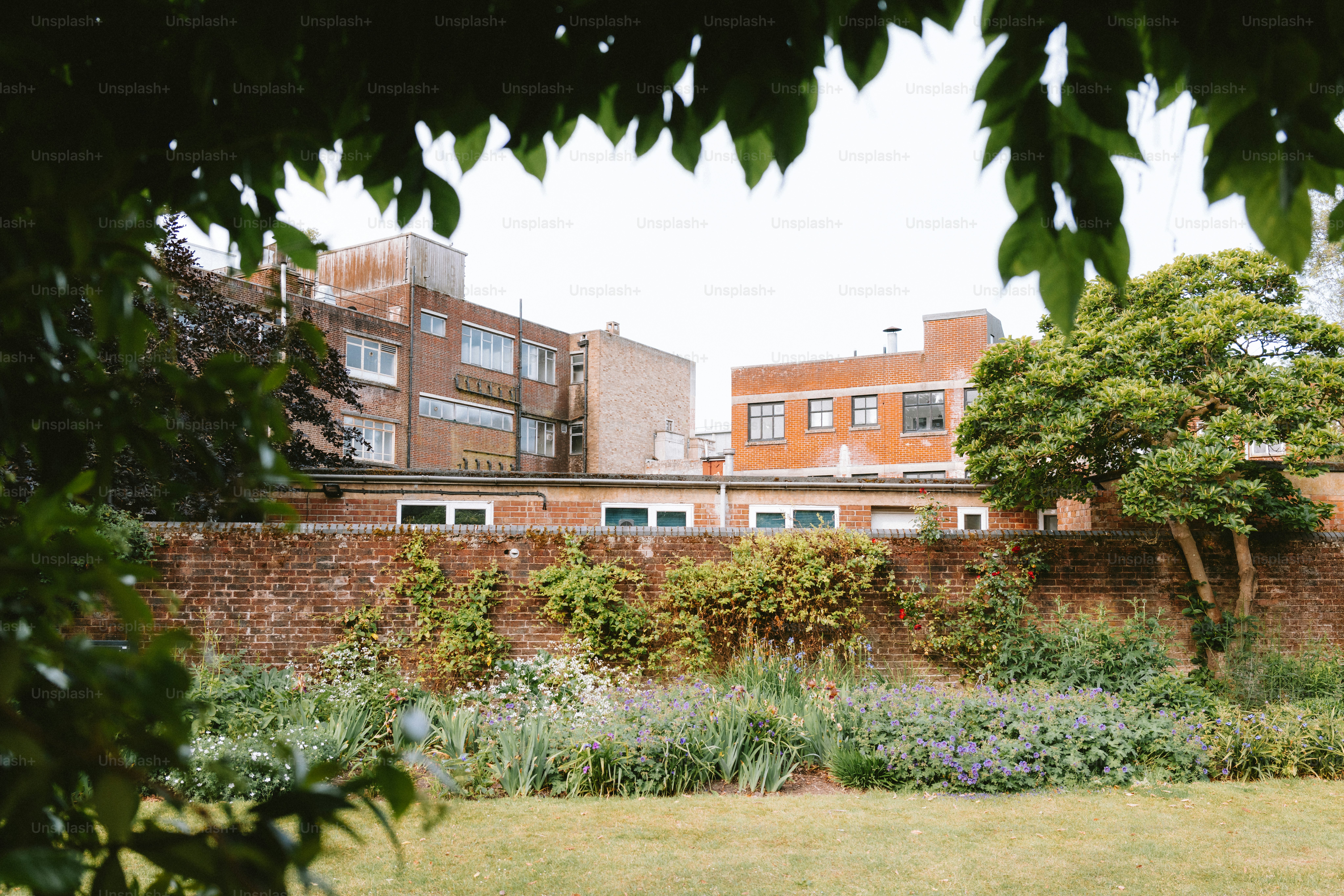 Buildings and green space are seen together.
