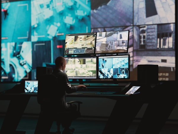 Operations monitoring control room with multiple screens
