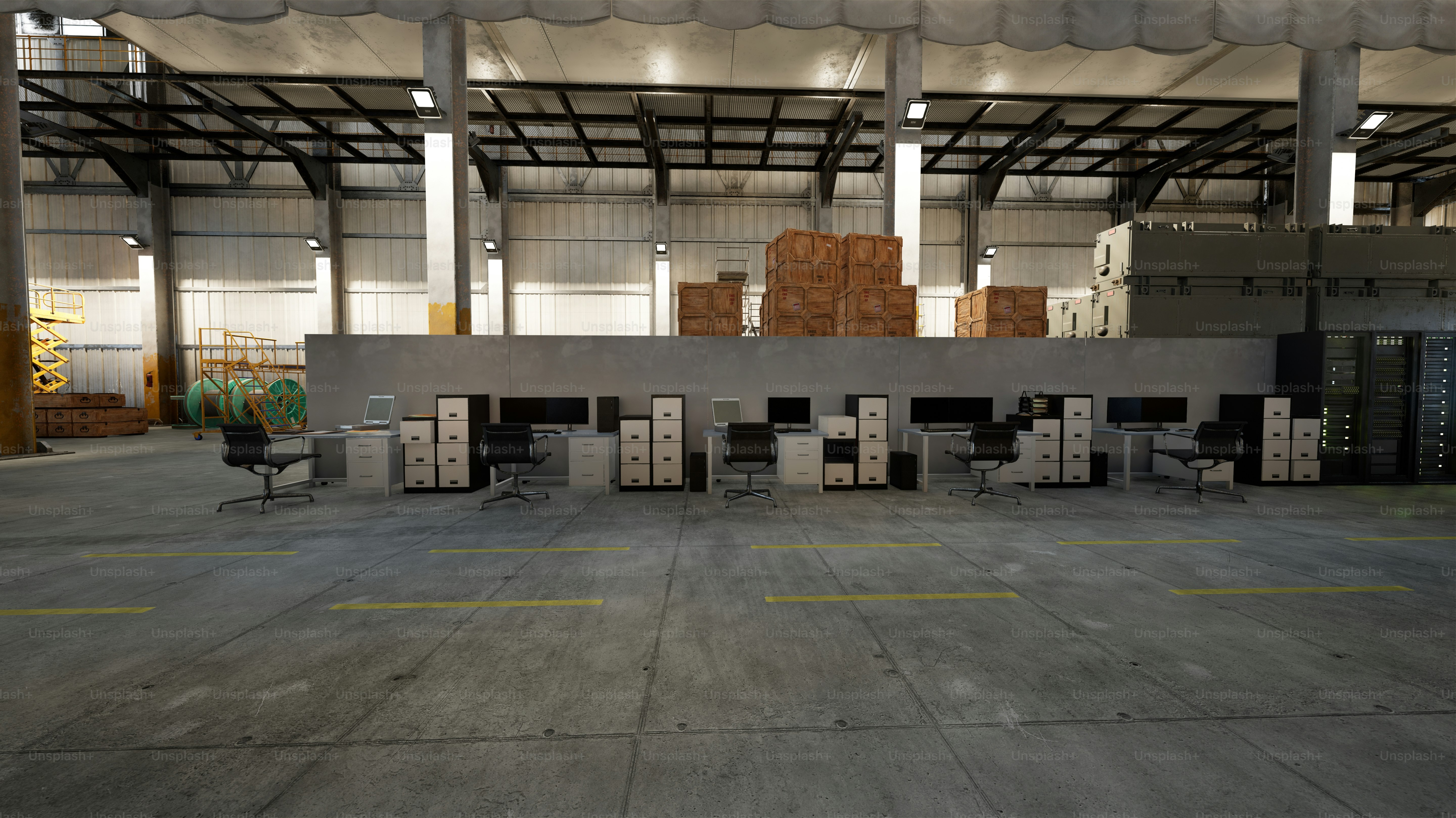 Empty warehouse with boxes and equipment.