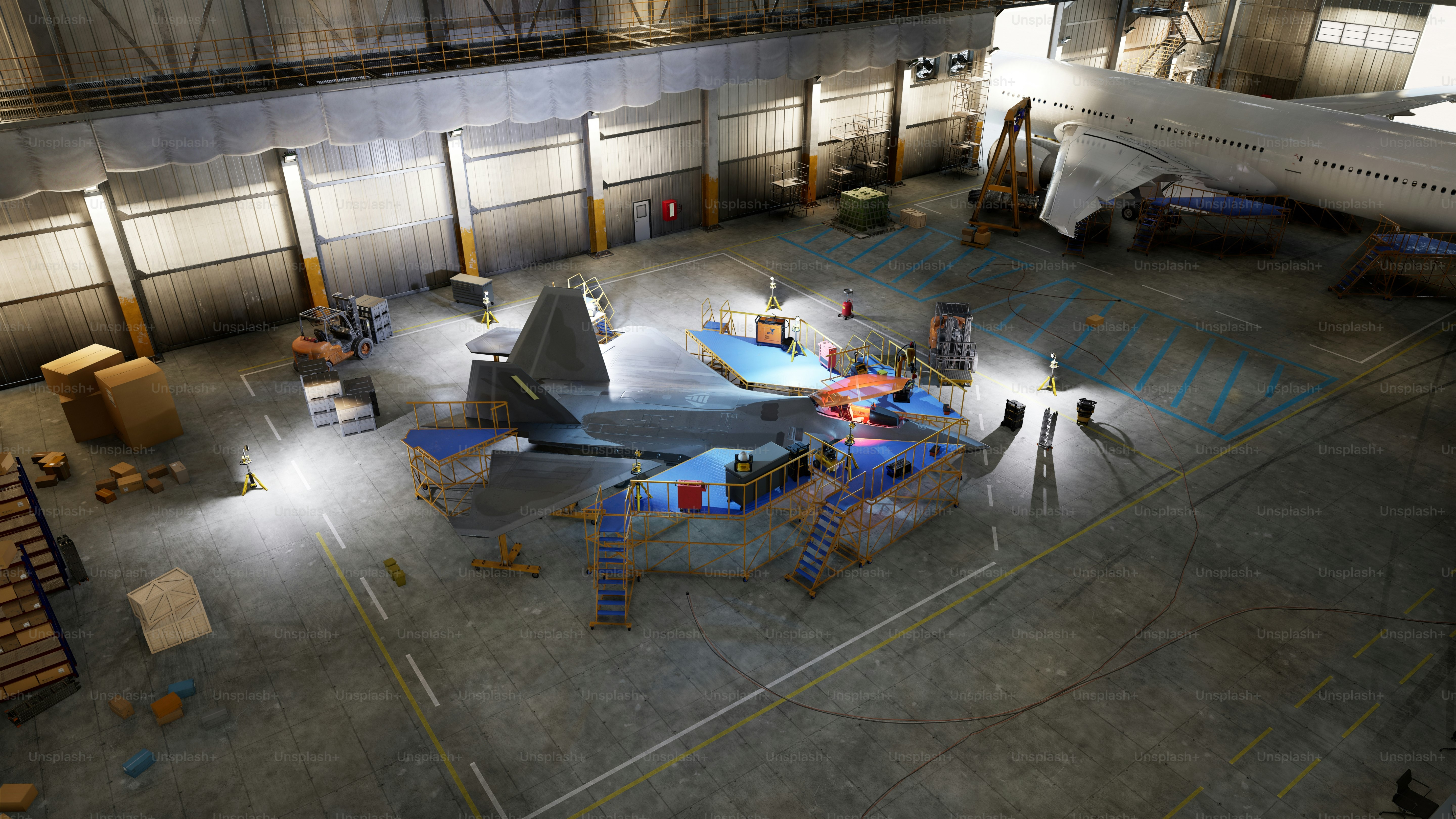 A plane is being repaired inside a hangar.