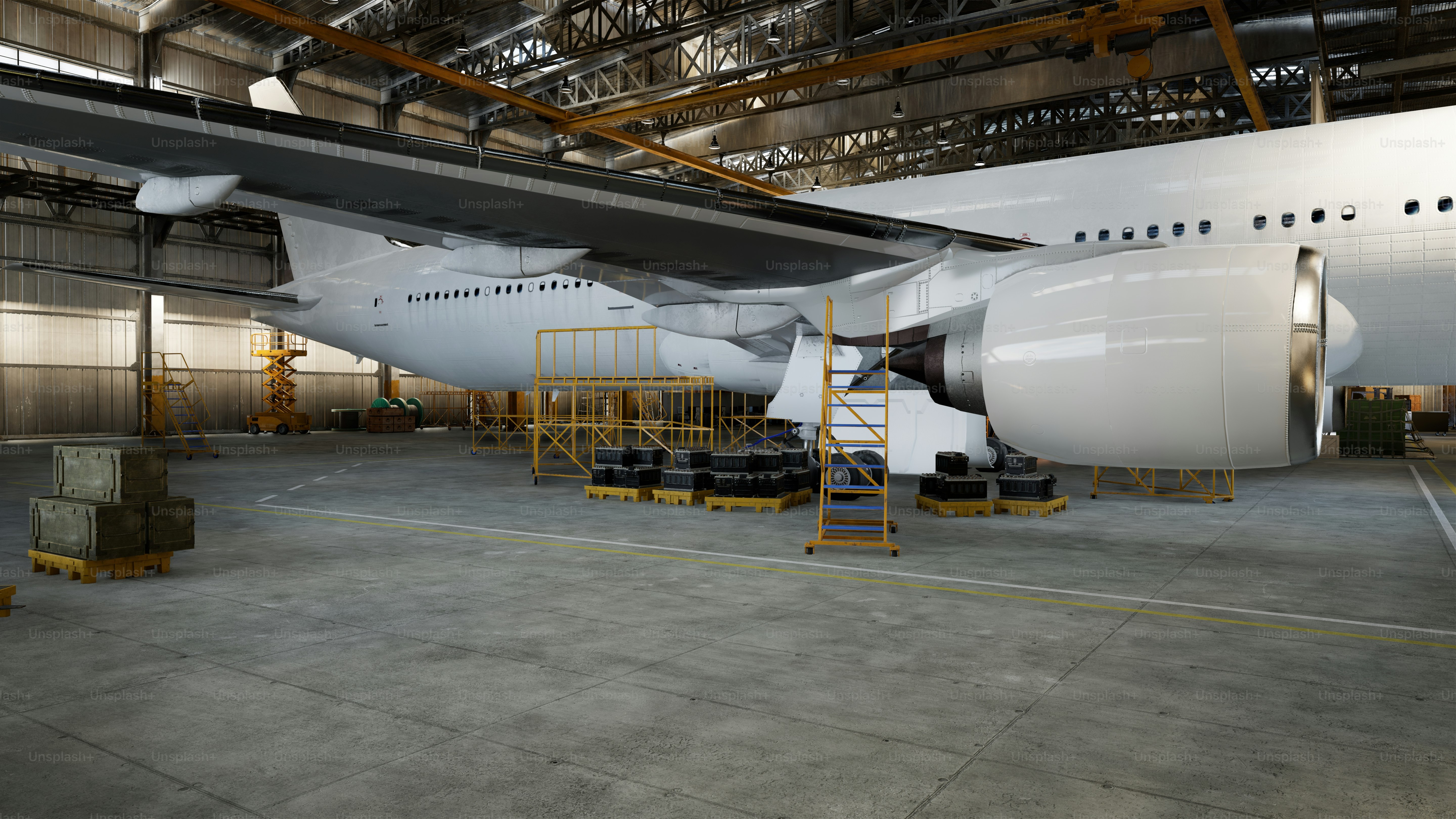 An airplane is being worked on inside a hangar.