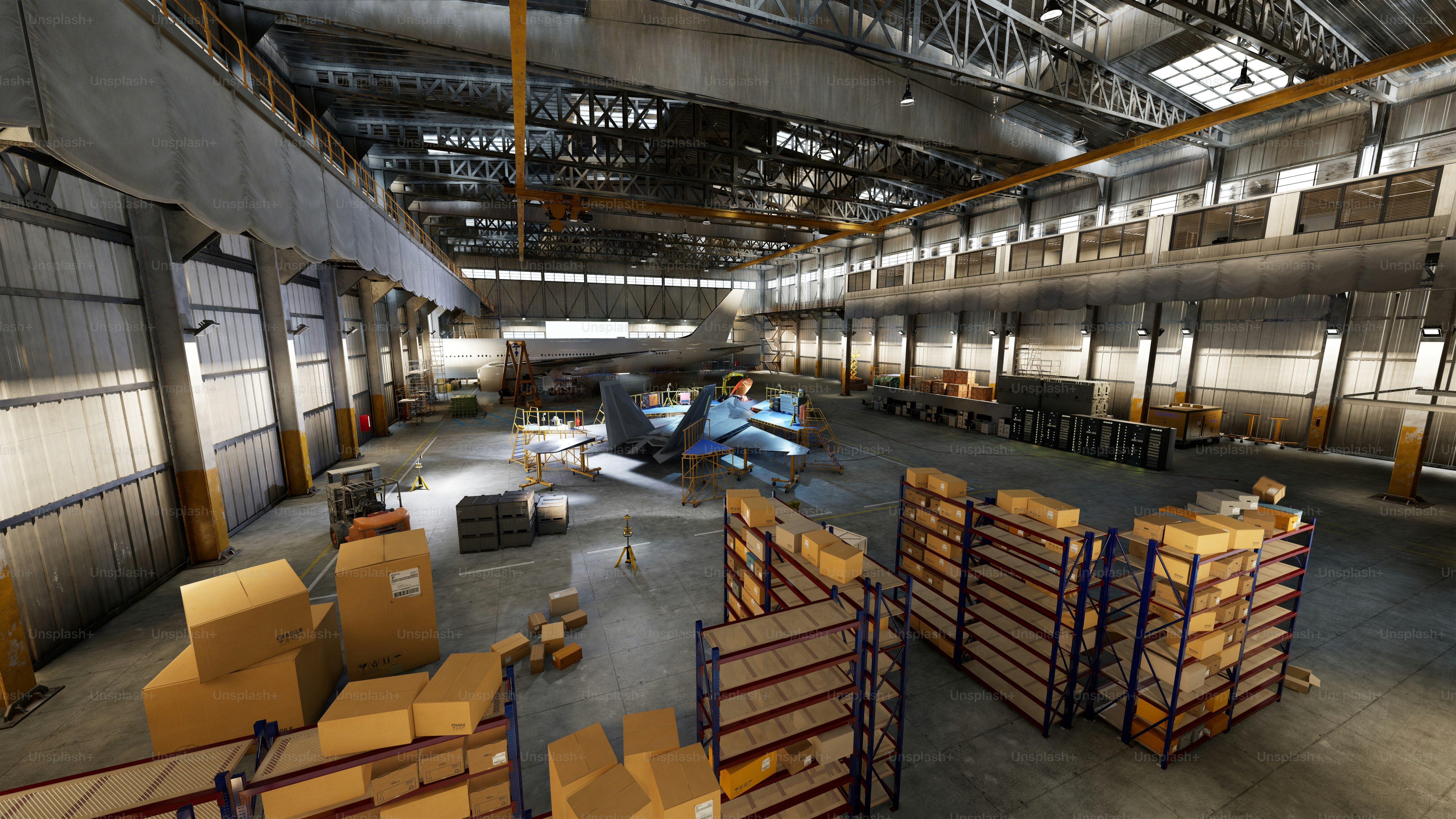 An empty warehouse with pallets and boxes.