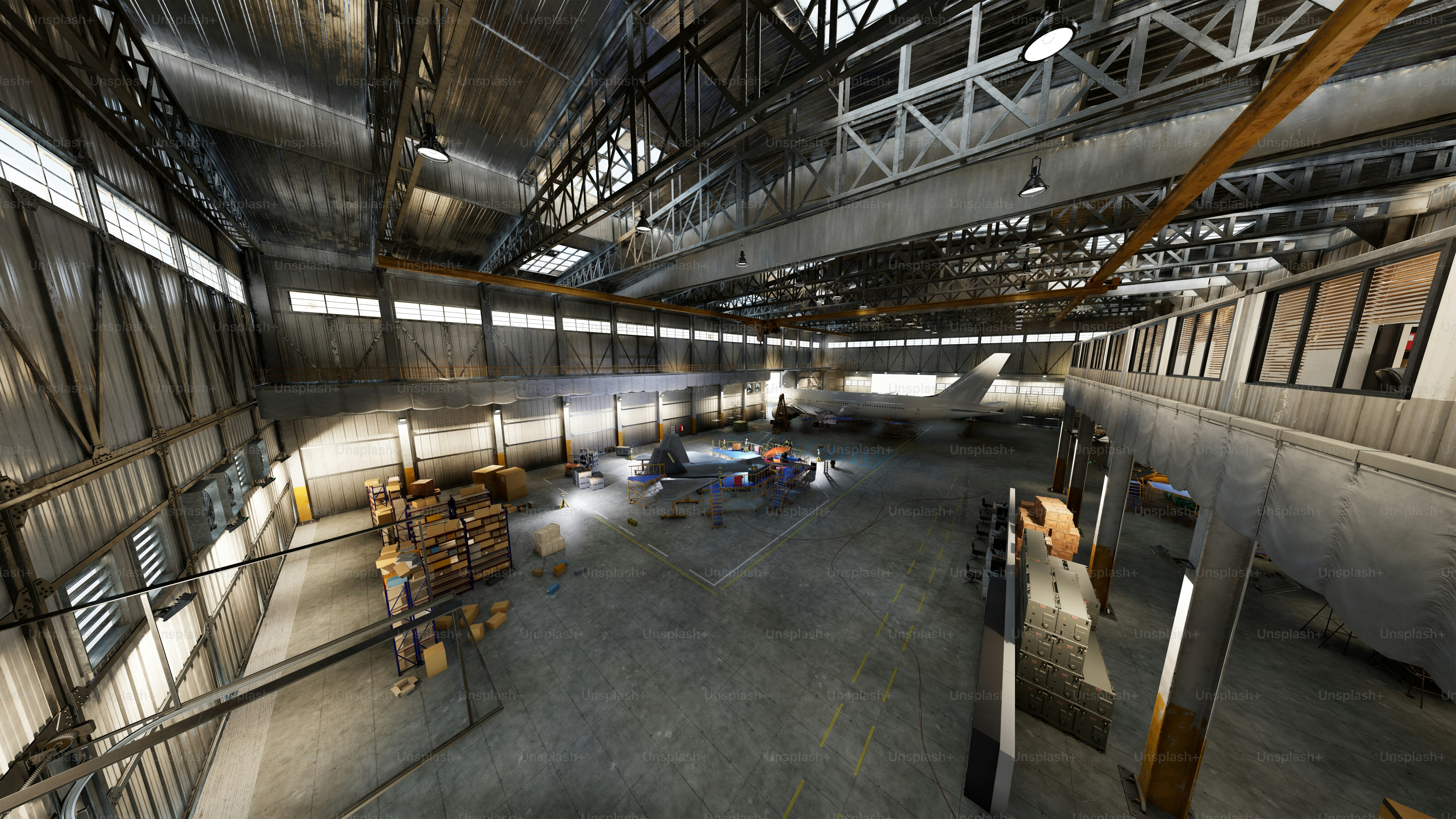 An empty, industrial warehouse's interior.