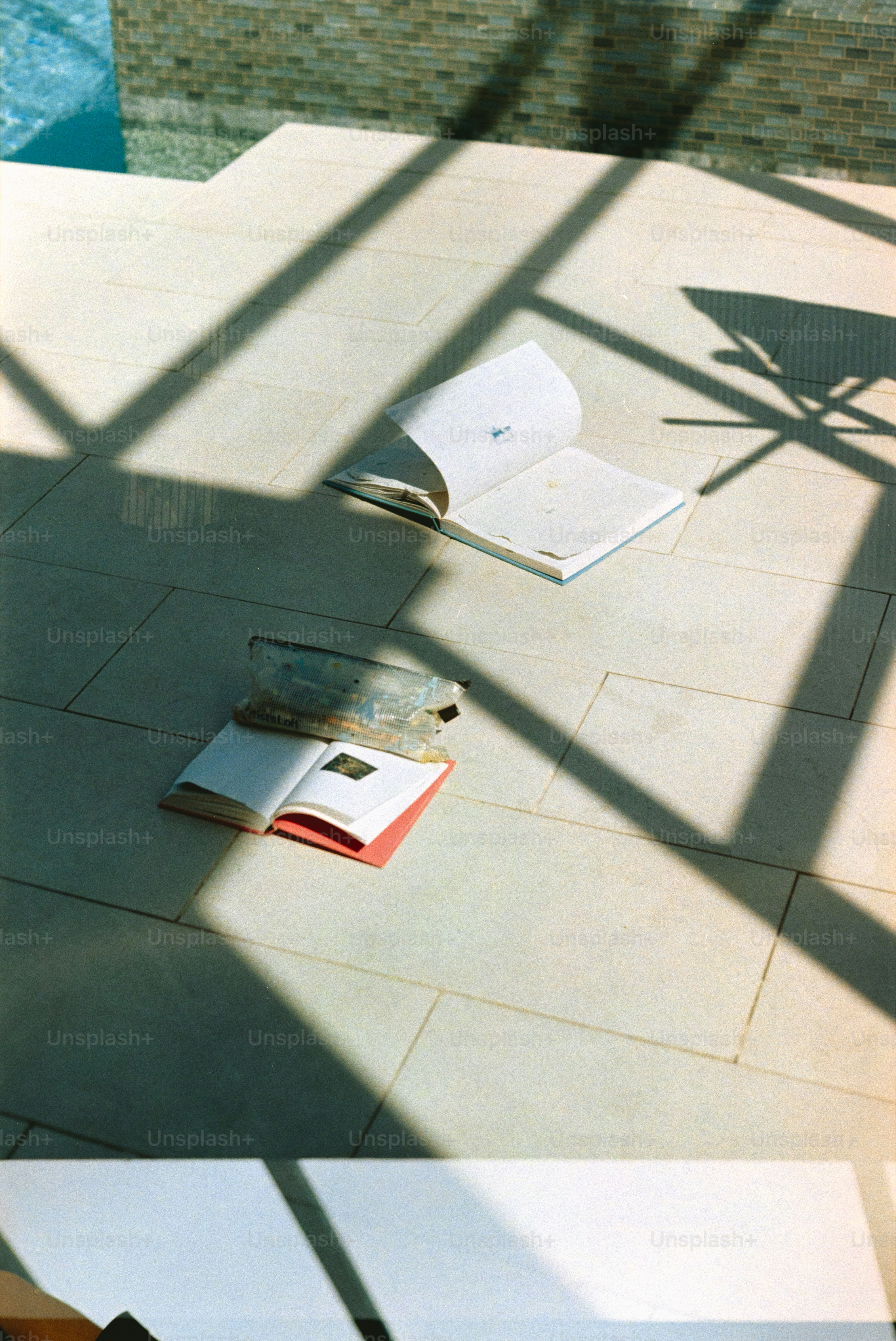 Books bask in the sun near a pool.