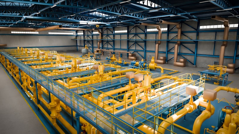 Hyper-Kamiokande detector hall, industrial pipes, water leak, construction site interior, workers in safety helmets