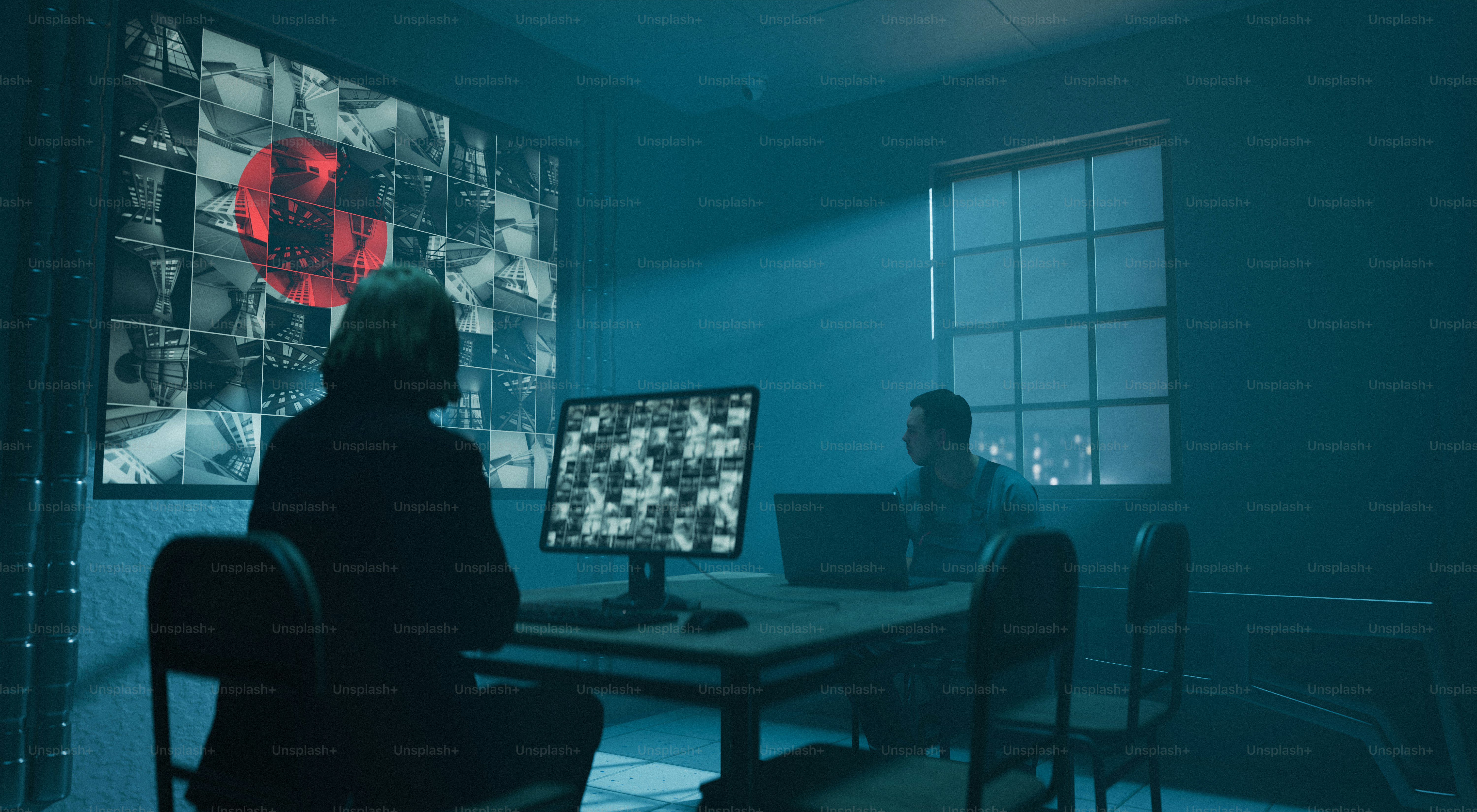 Investigators examine evidence projected on a screen.