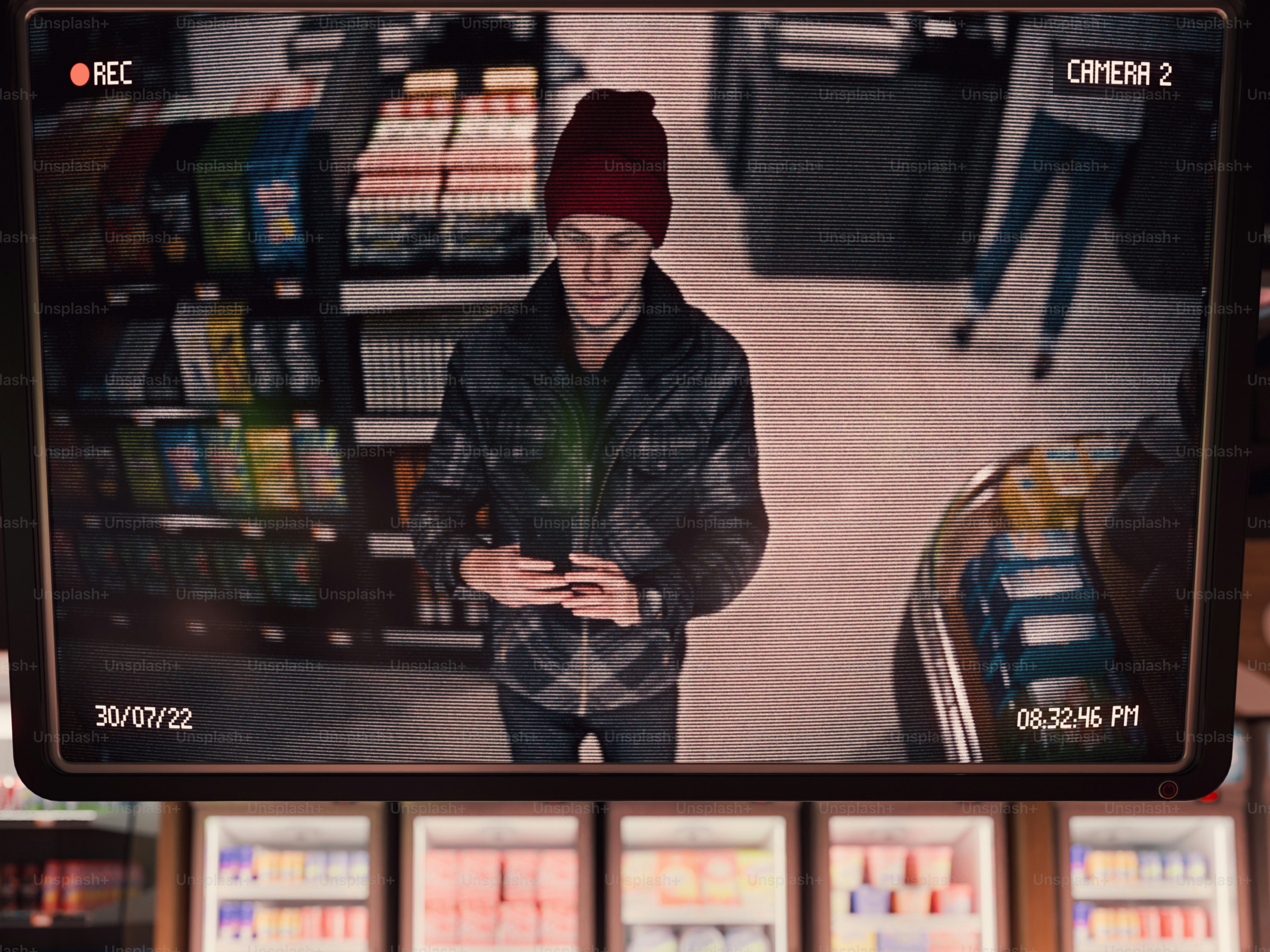 A man is under surveillance in a convenience store.
