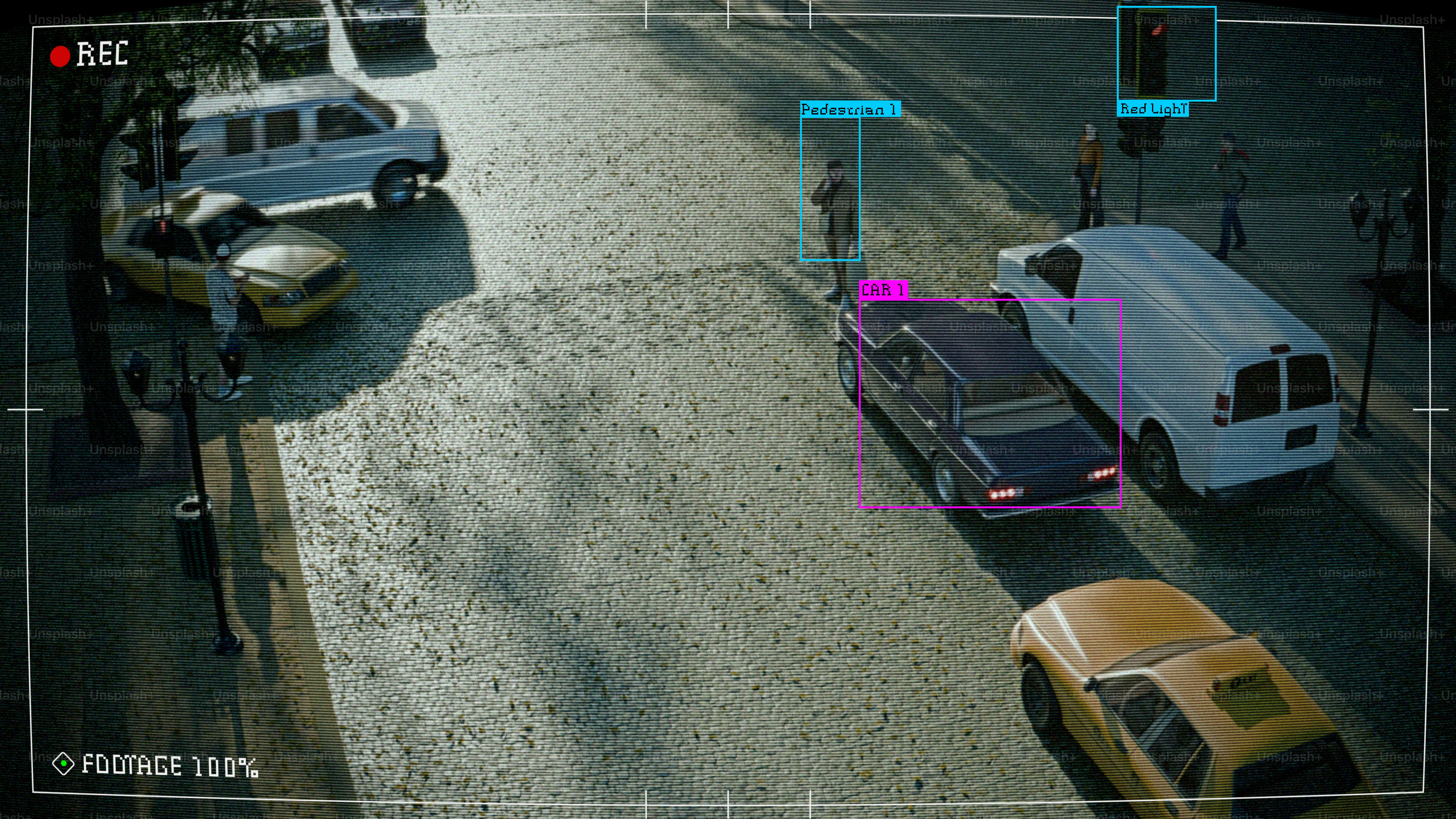 Cctv footage shows people and vehicles on the street.