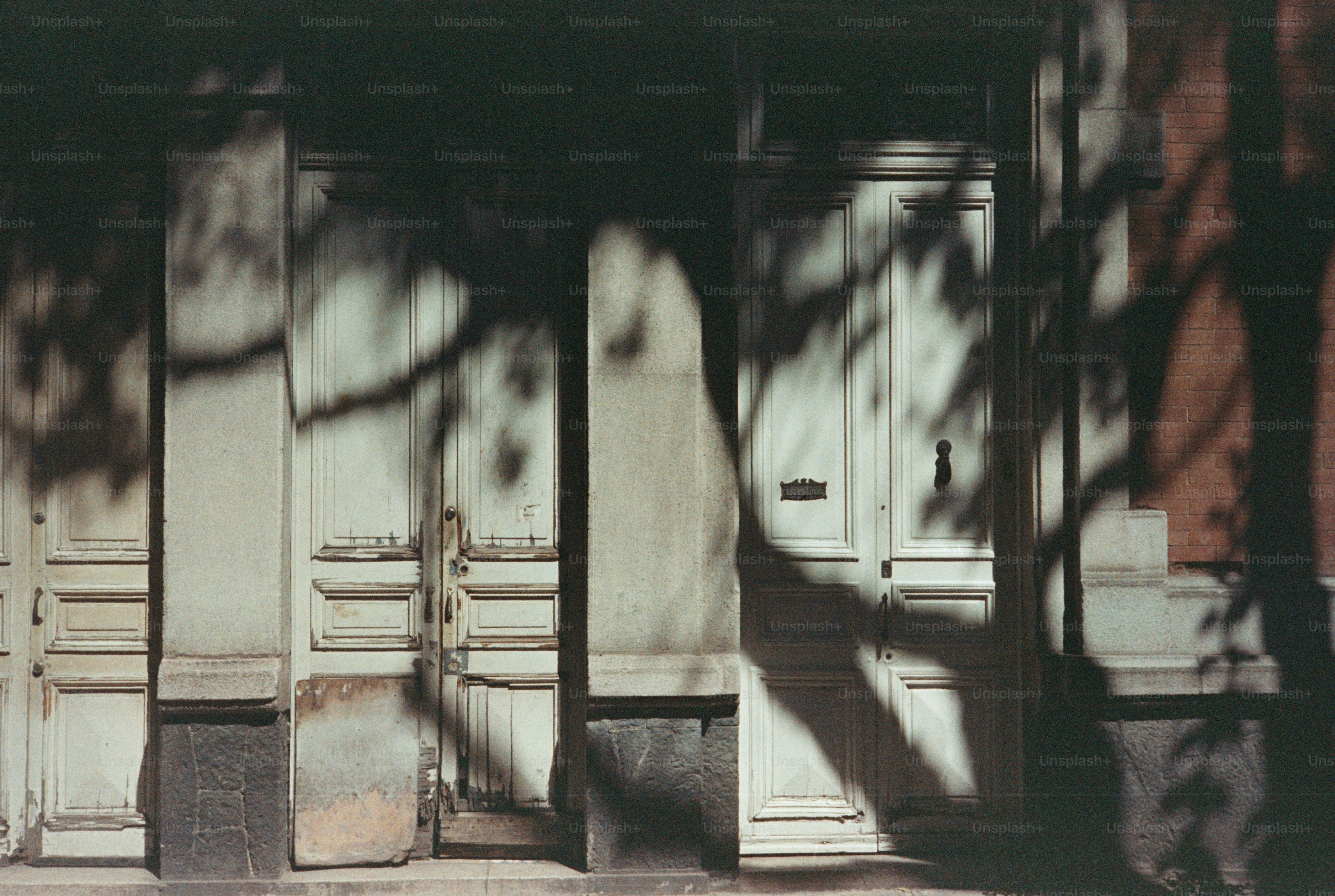 Shadows dance on weathered doors and walls.