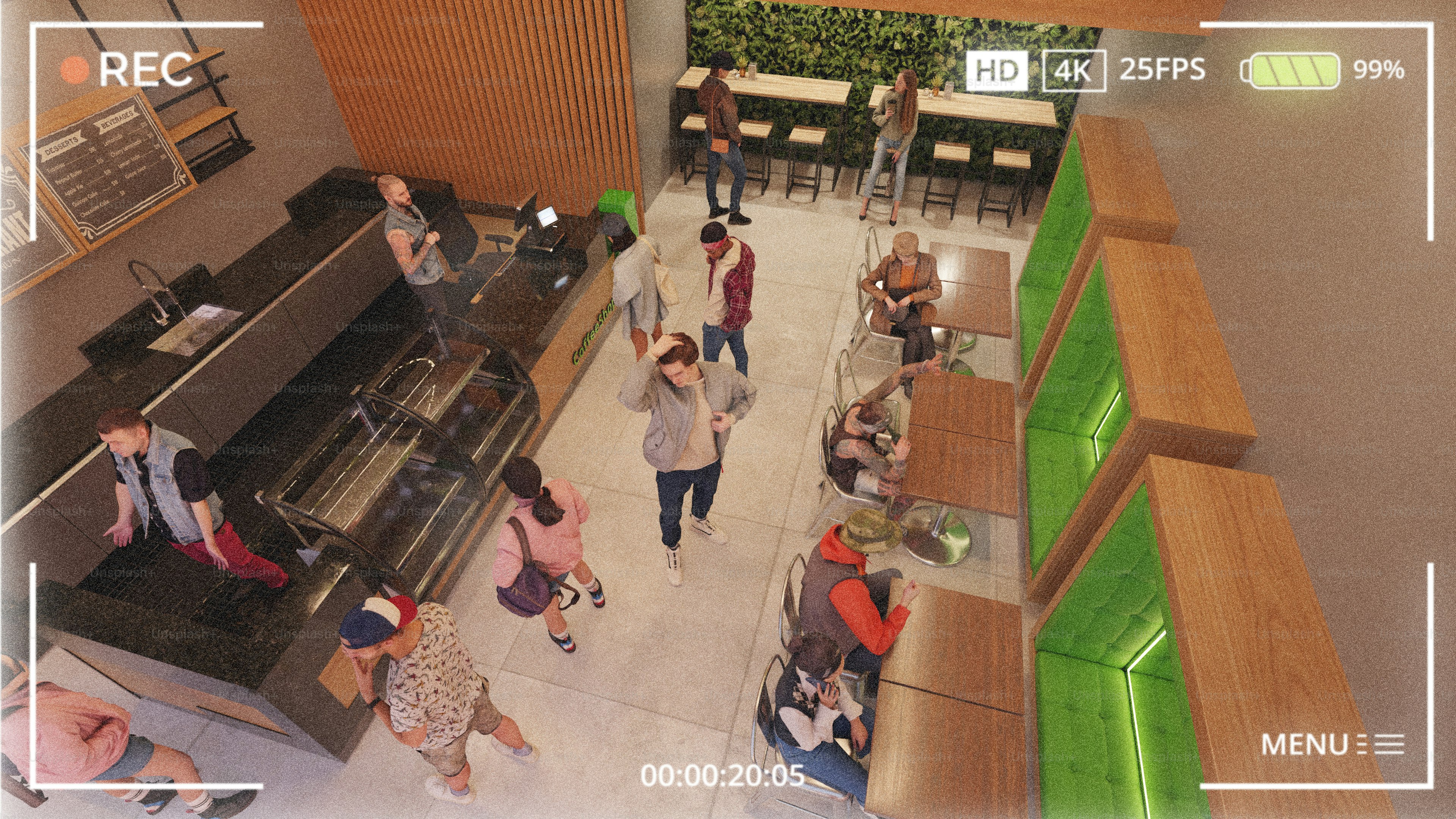 A canteen filled with people being recorded.