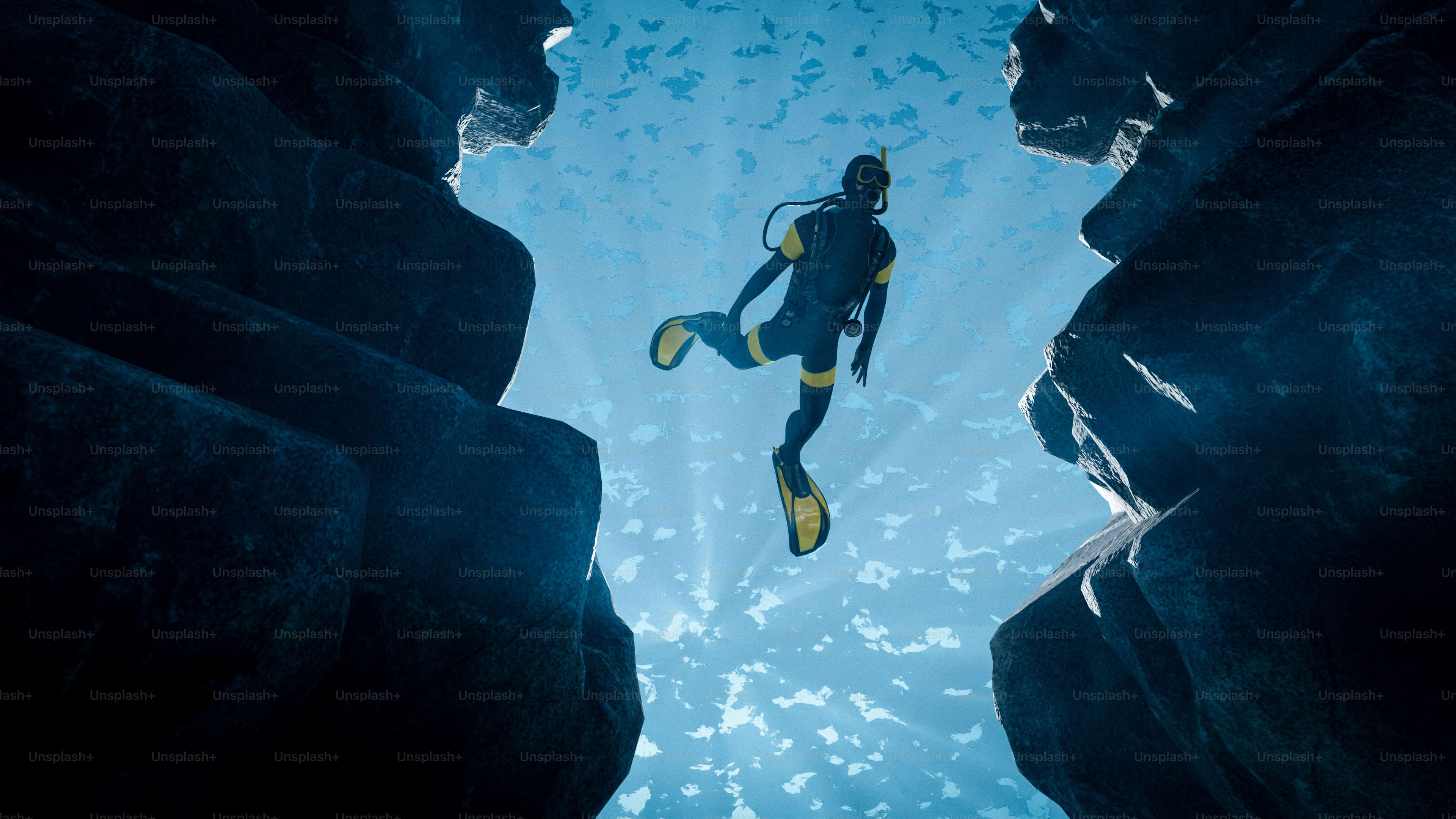 Um mergulhador explora cavernas submarinas profundas.