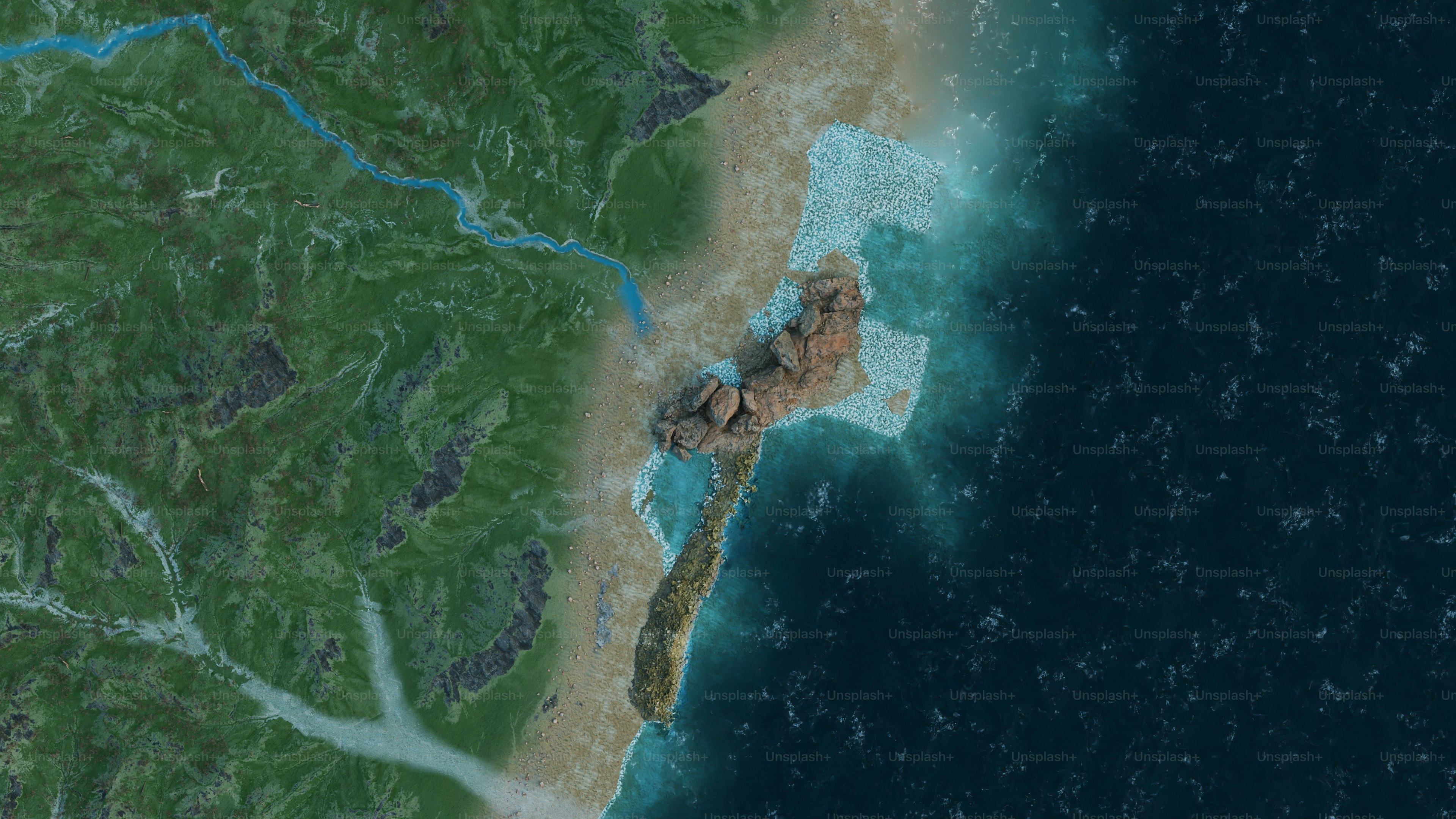 Ein Fluss mündet in den Ozean und das Meer.