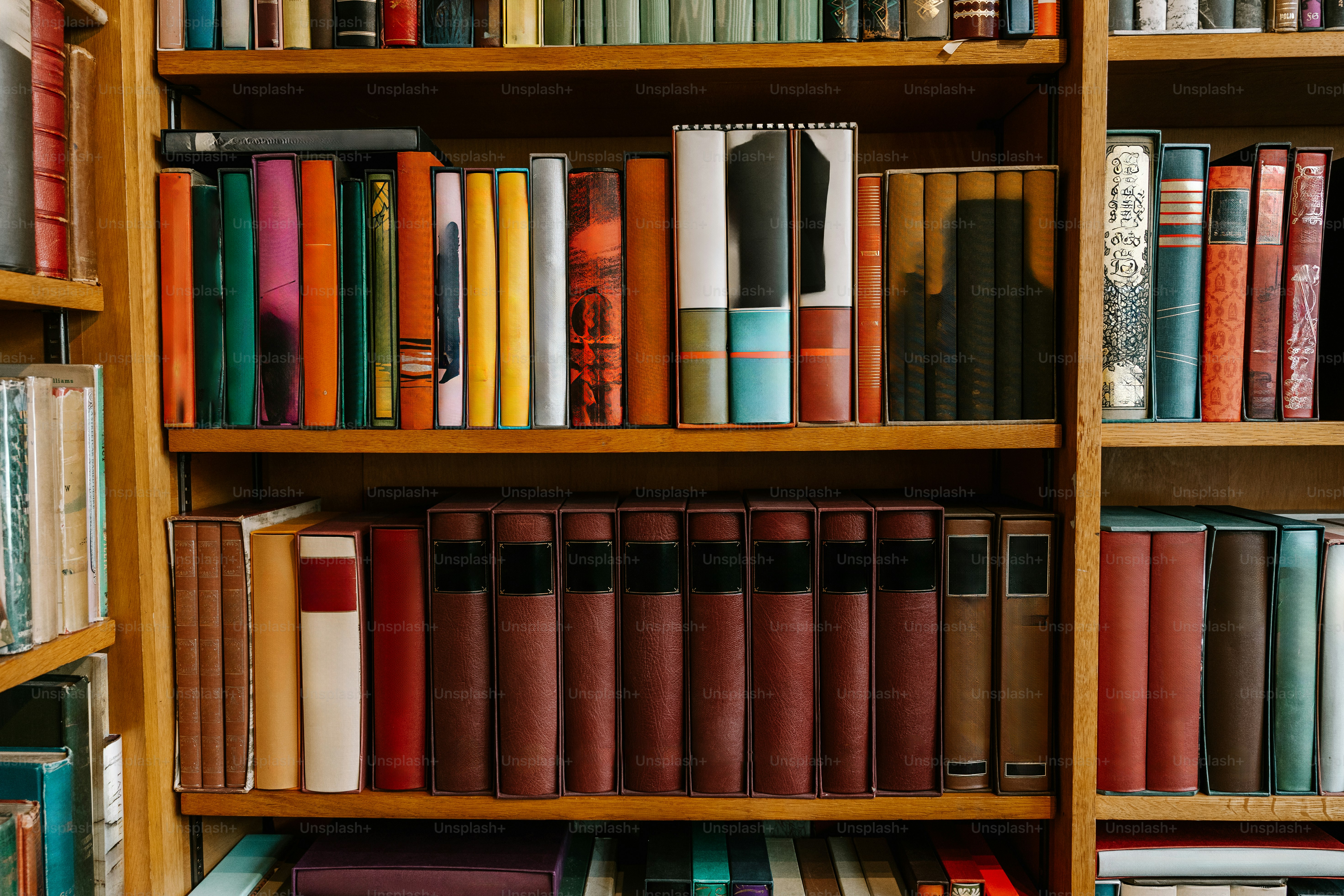 Bookshelves are filled with a variety of books.