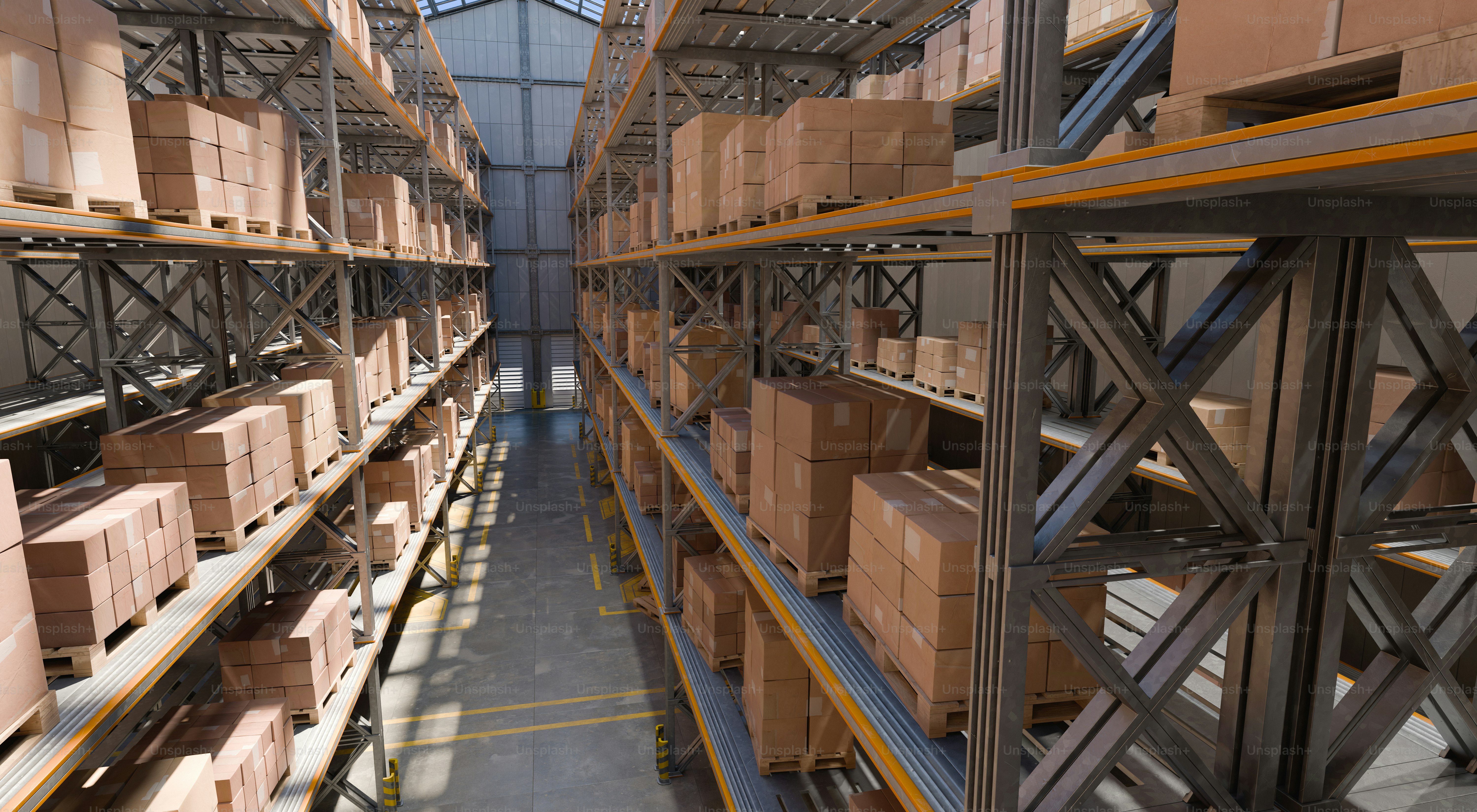 Boxes are stored on industrial shelves.