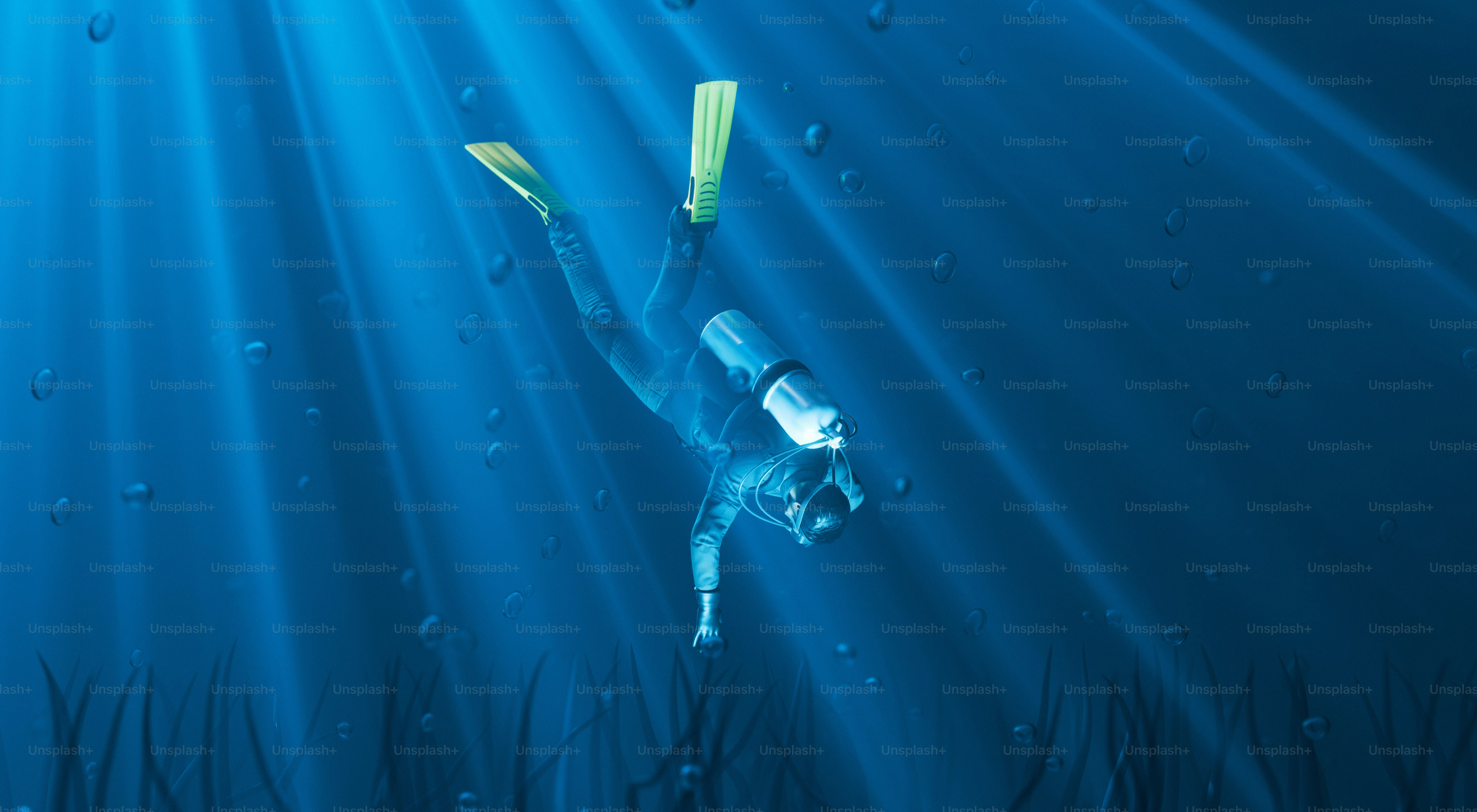 A diver explores the depths of the ocean.