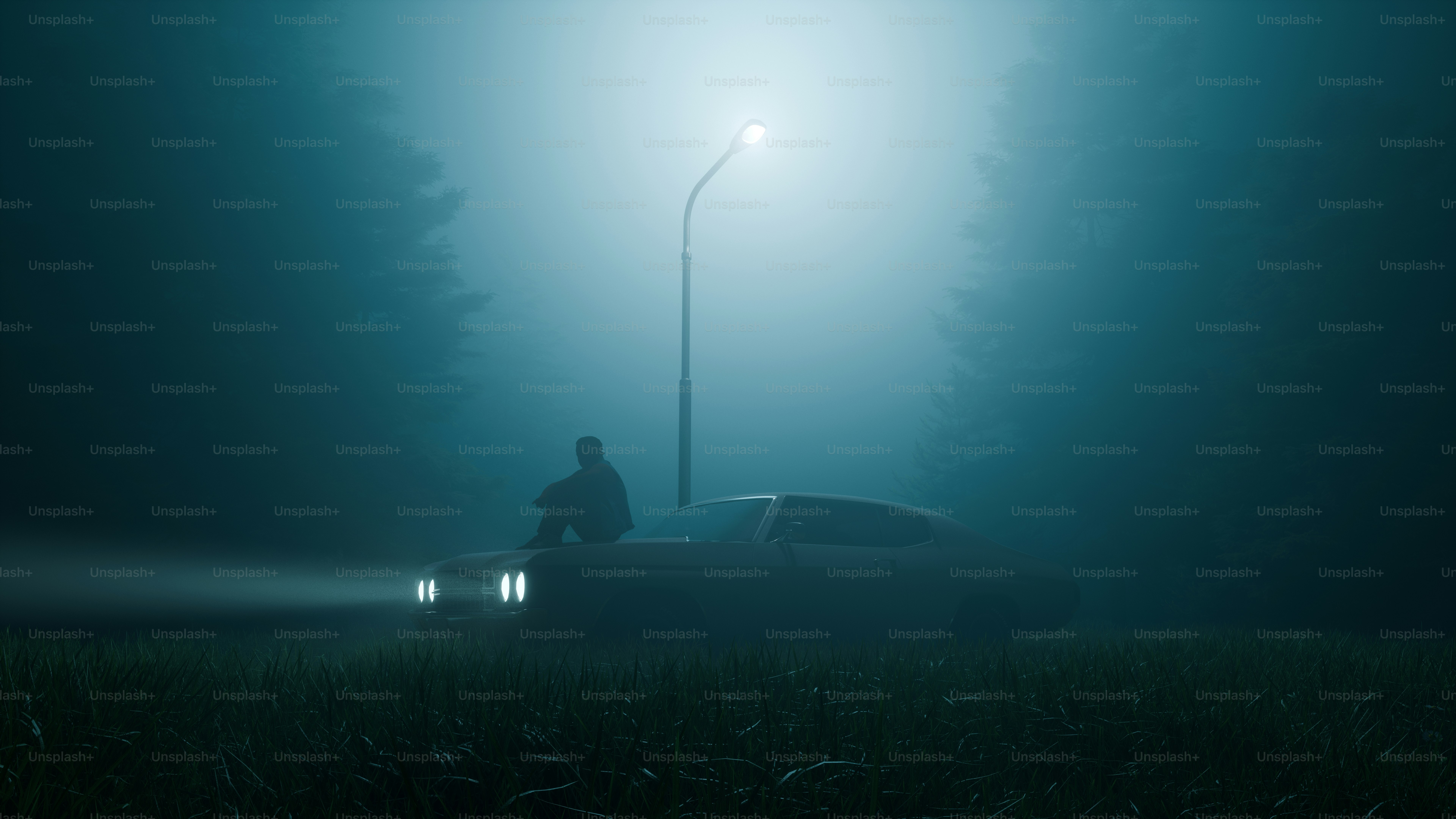 A young man sitting alone on a roadside at night under a streetlight, thoughtful and regretful mood