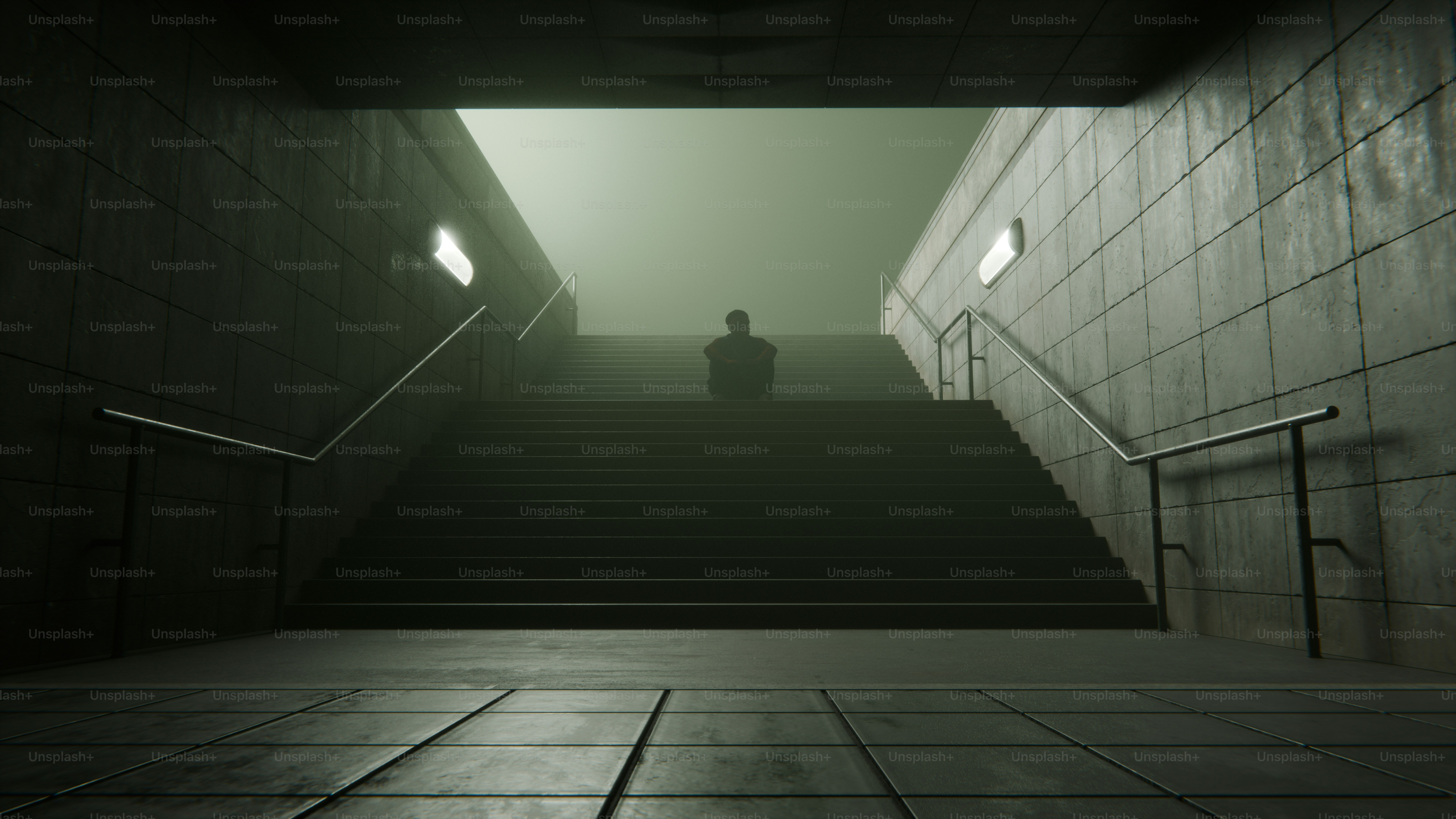 A long staircase leading upward into light, lonely figure climbing, dramatic shadows, hopeful mood