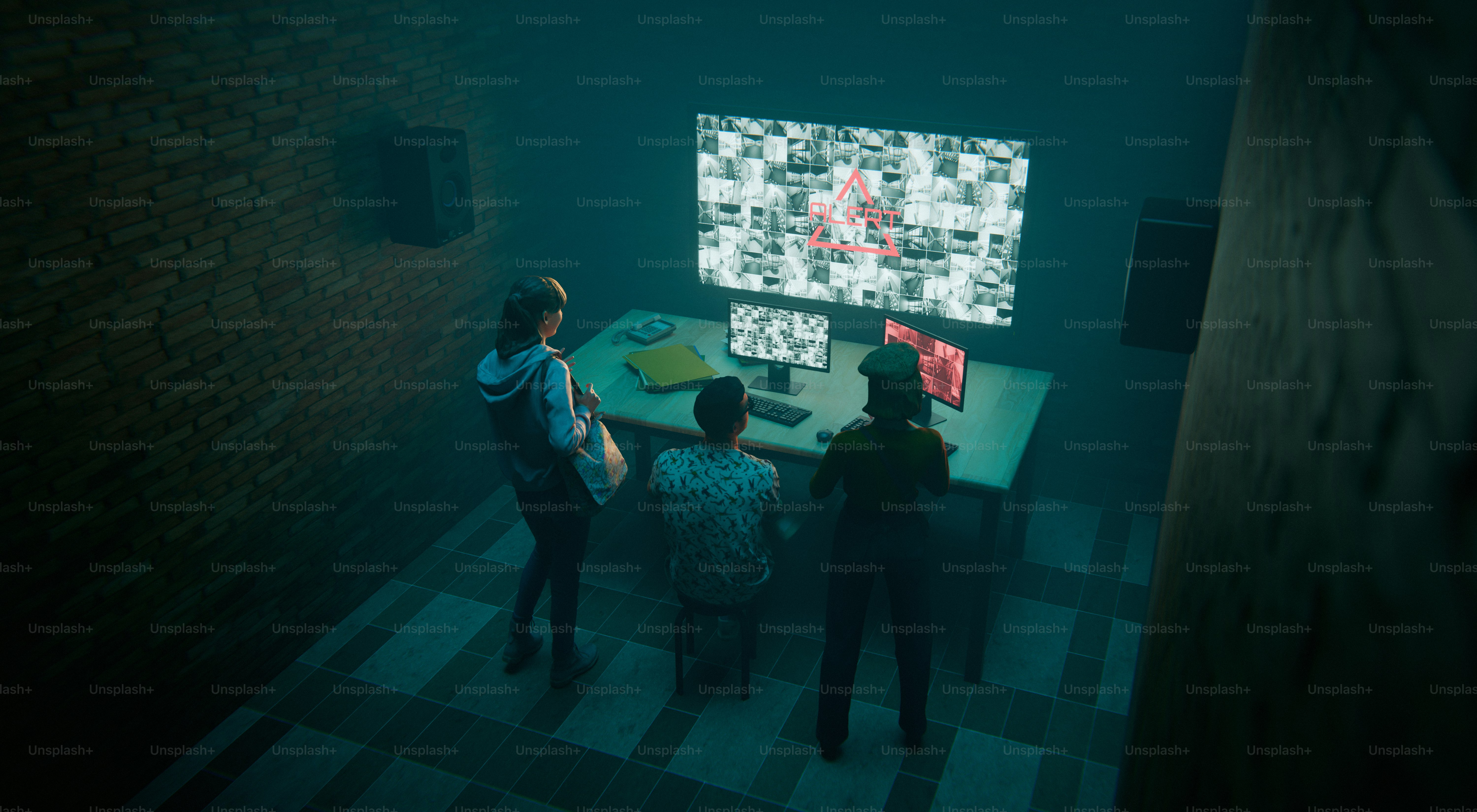 People are gathered around a glowing computer screen.
