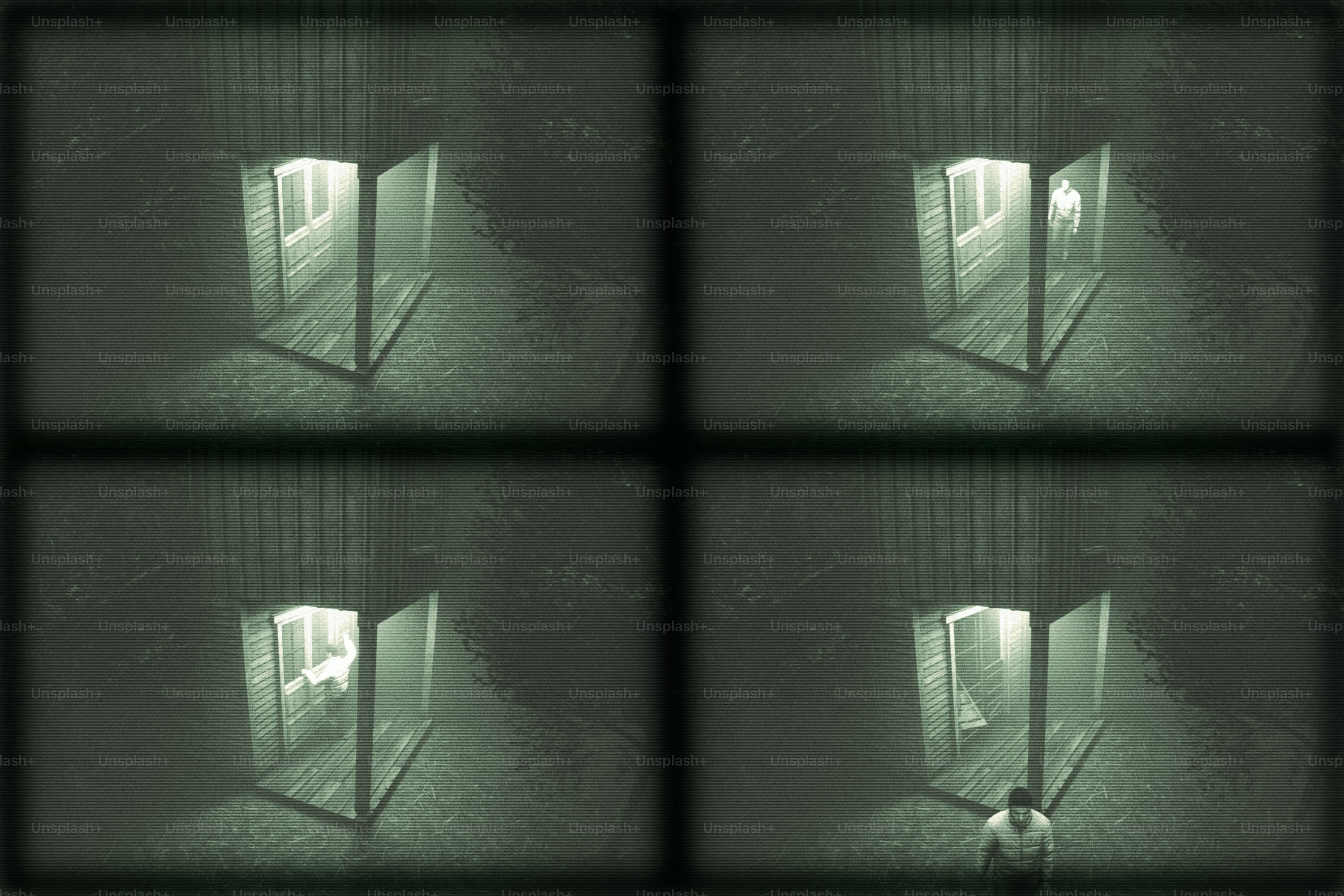 Four rooms with a figure, viewed from above.