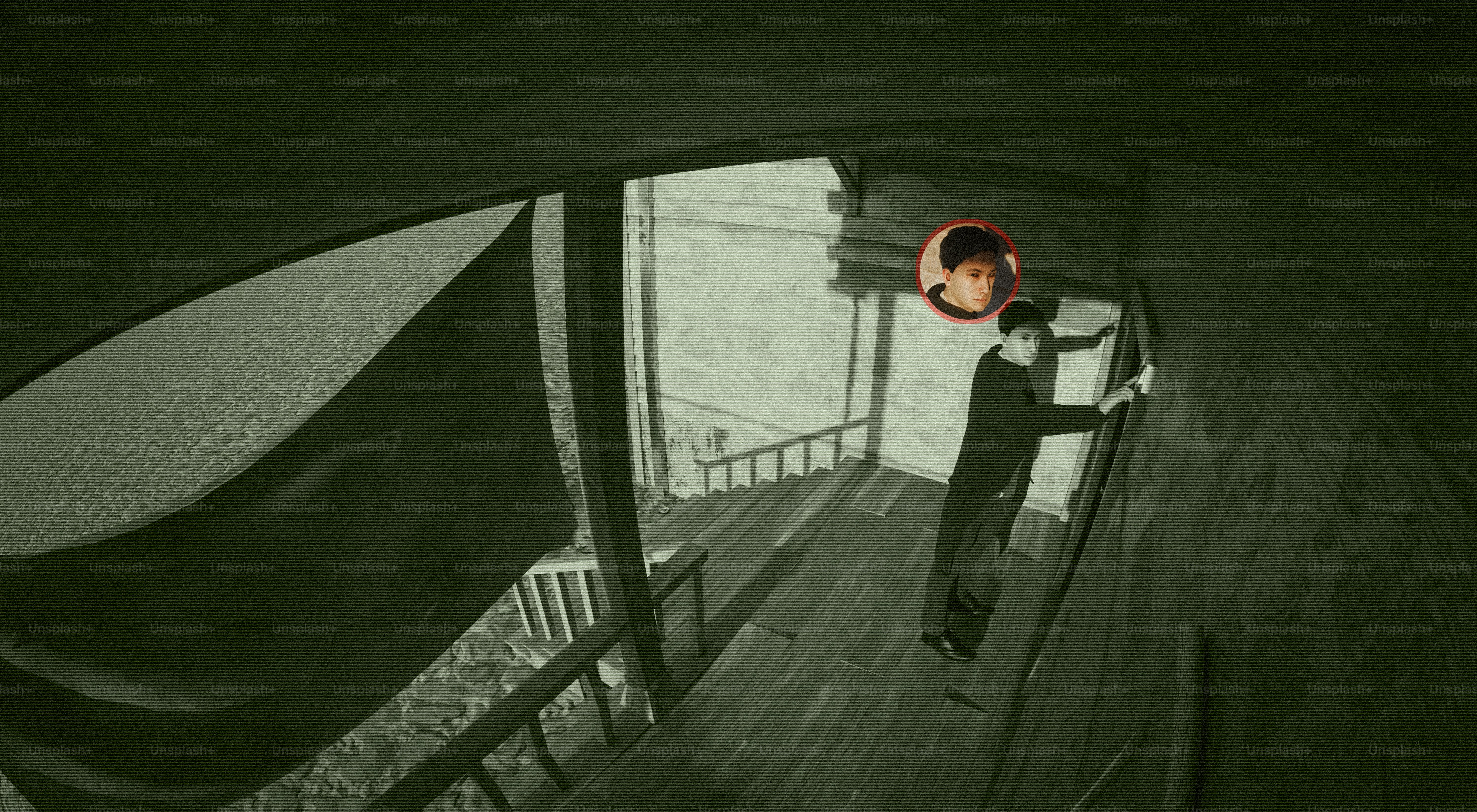 A figure climbs stairs under surveillance.