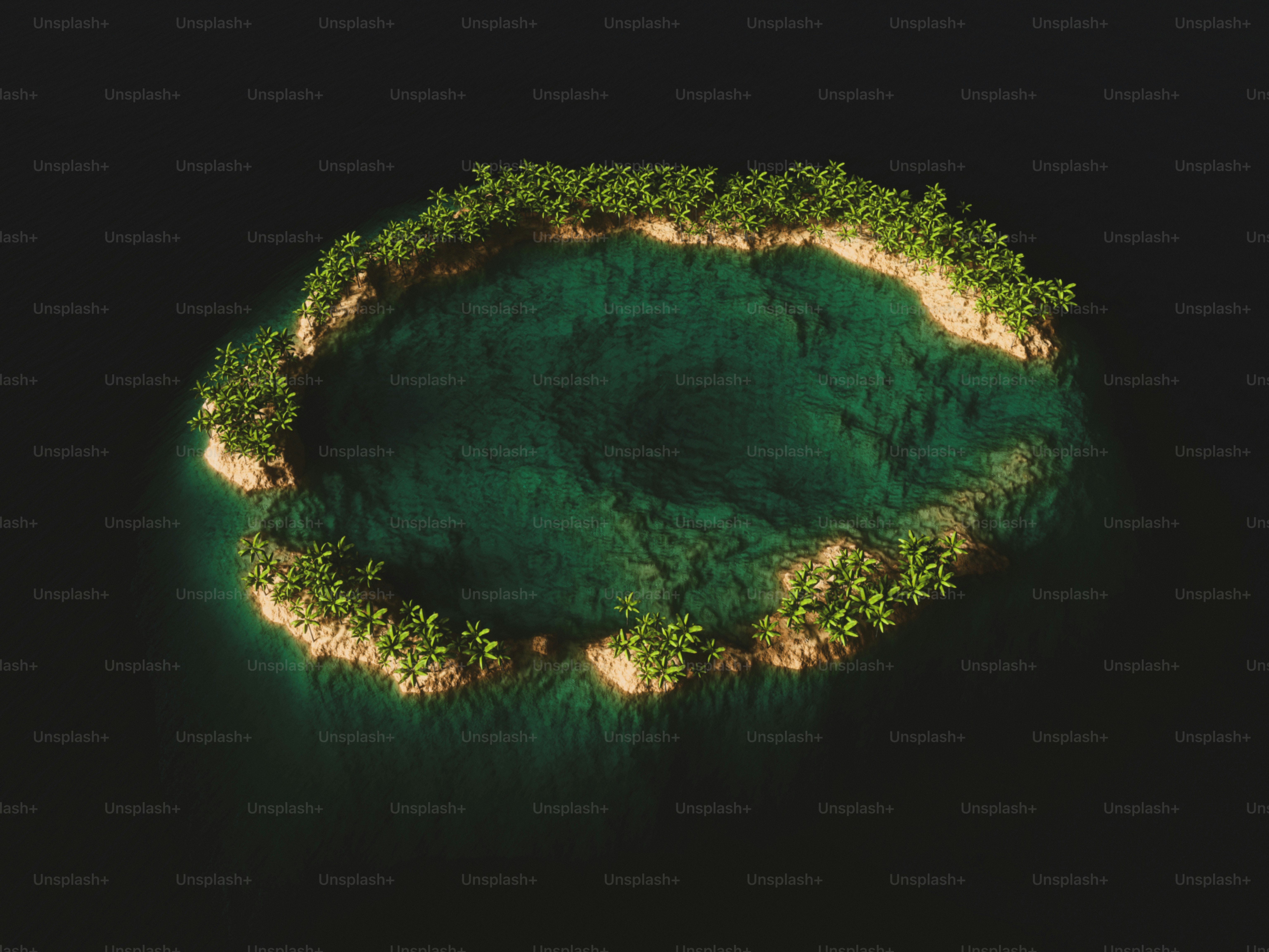 A lush island with a turquoise lagoon.