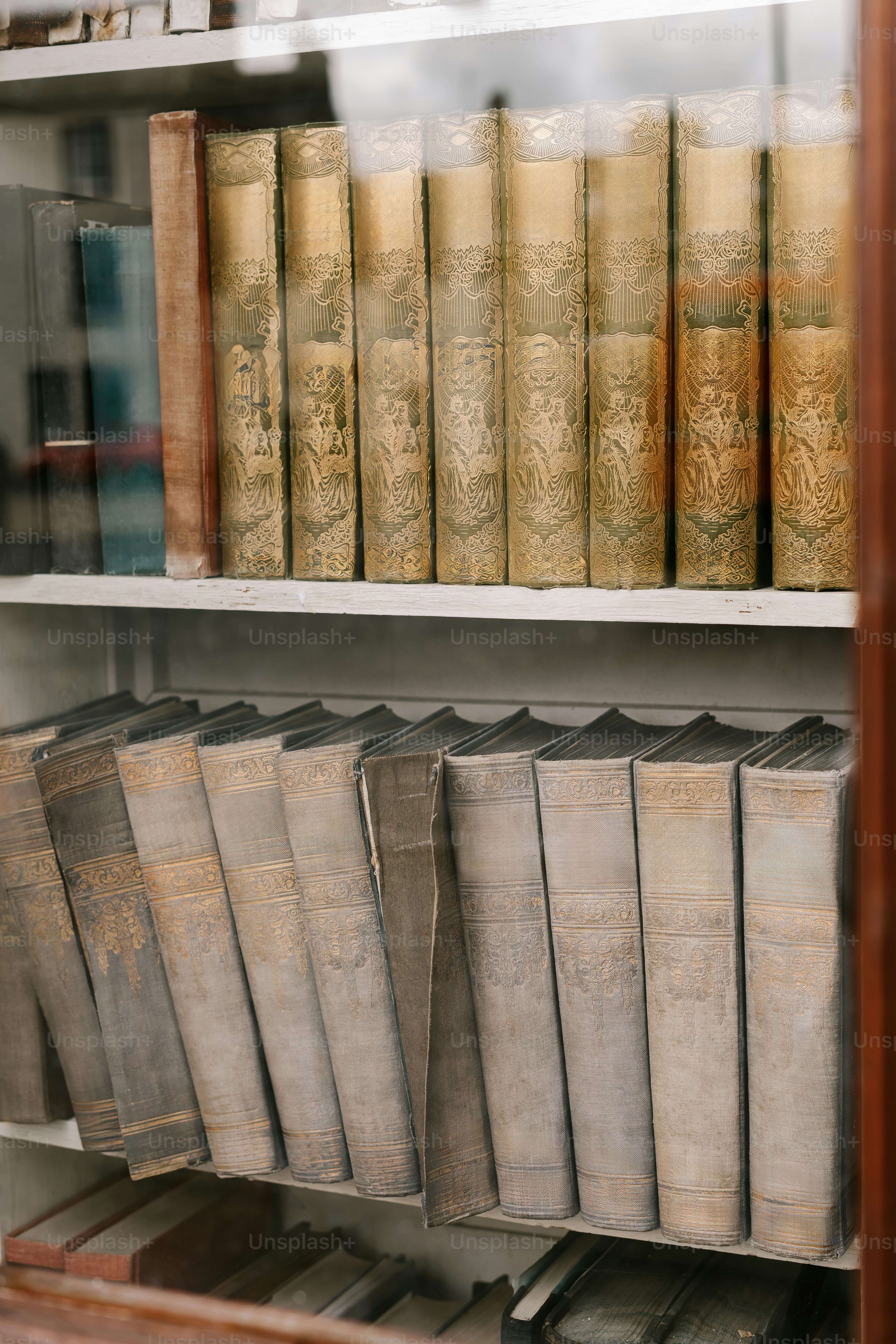 Las estanterías están llenas de filas de libros viejos y desgastados.