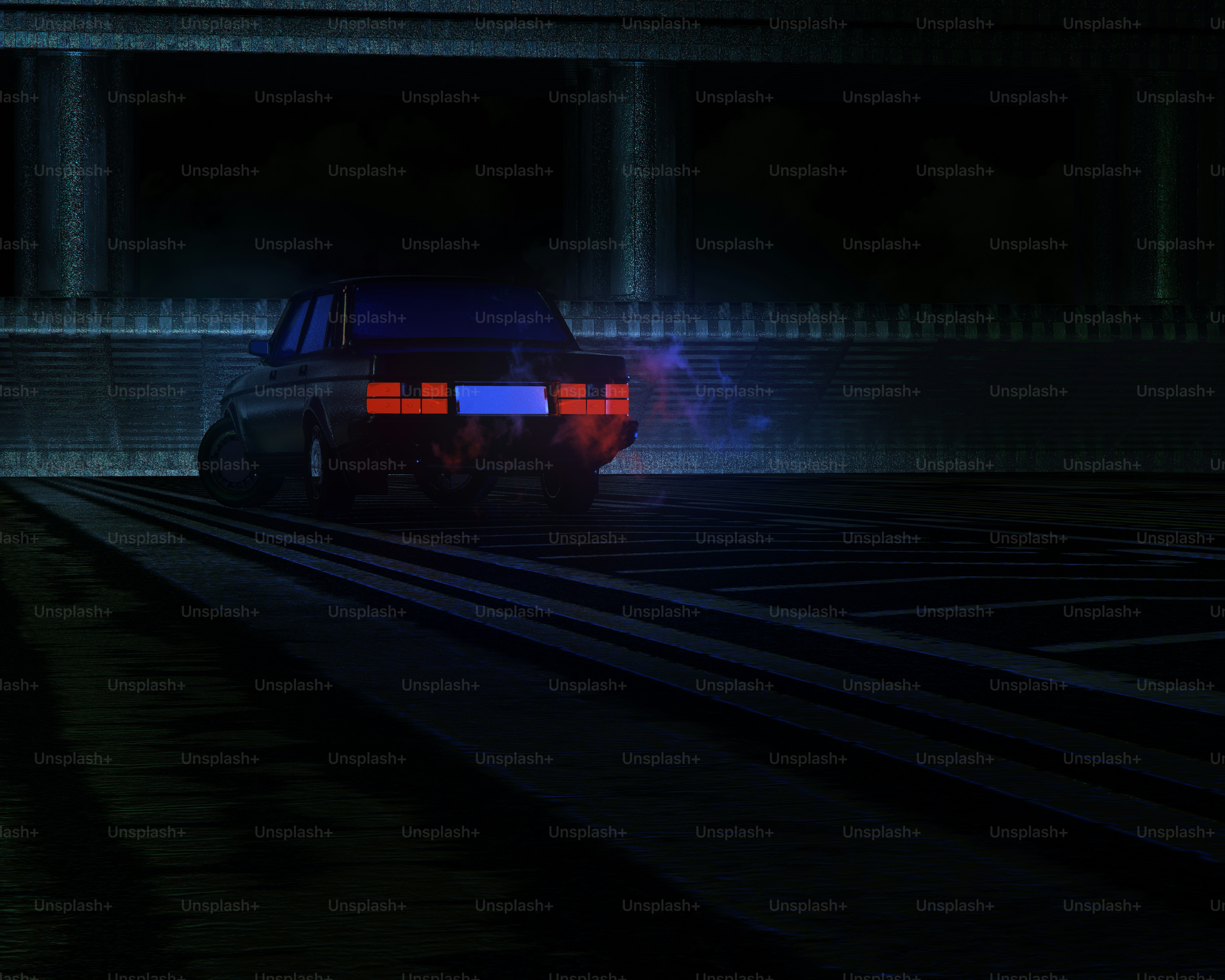 A car drives through a dark, illuminated tunnel.