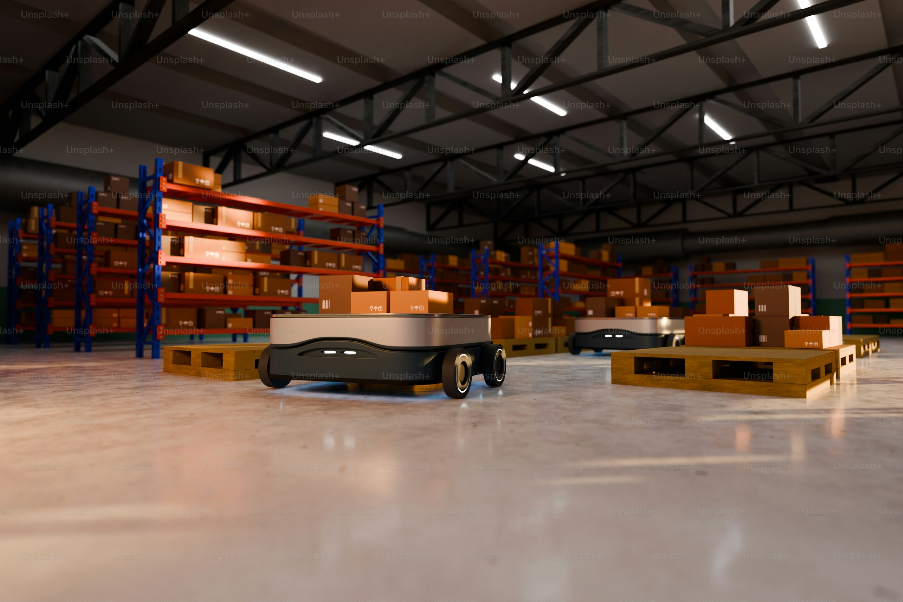 Los robots transportan mercancías dentro de un almacén.