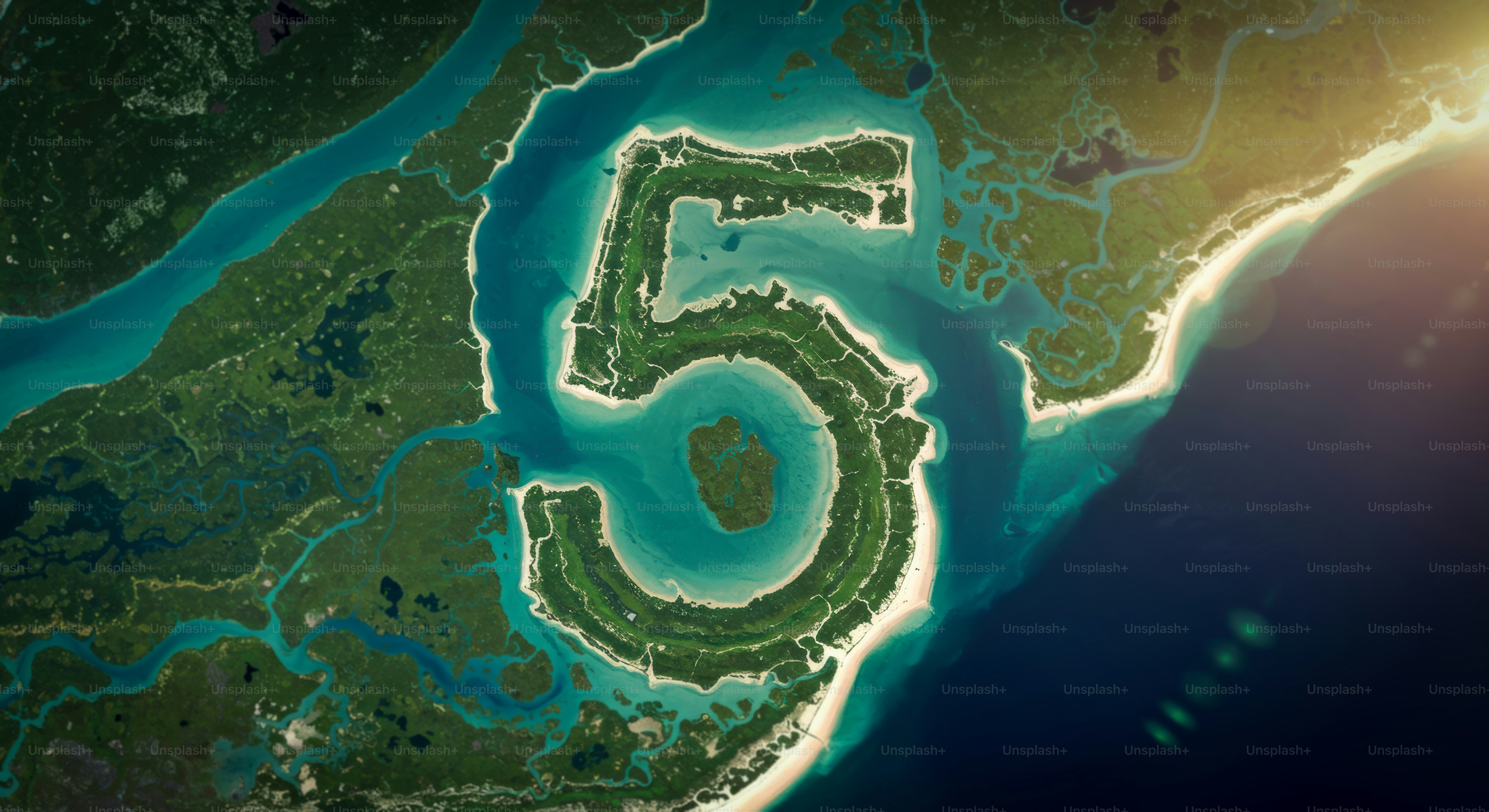 Eine Insel bildet die Zahl "5" im Ozean.
