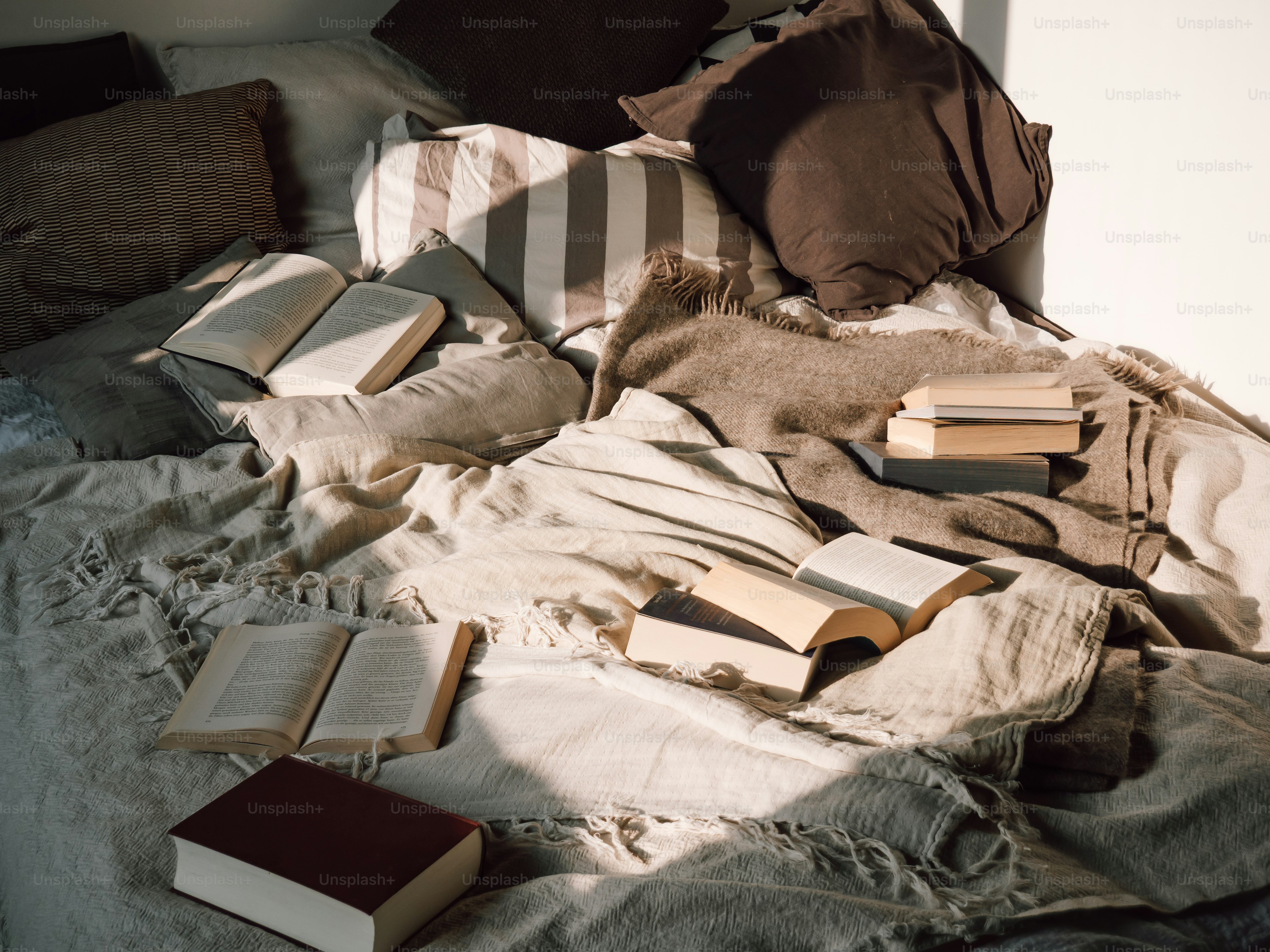 Cozy bed with books and pillows.