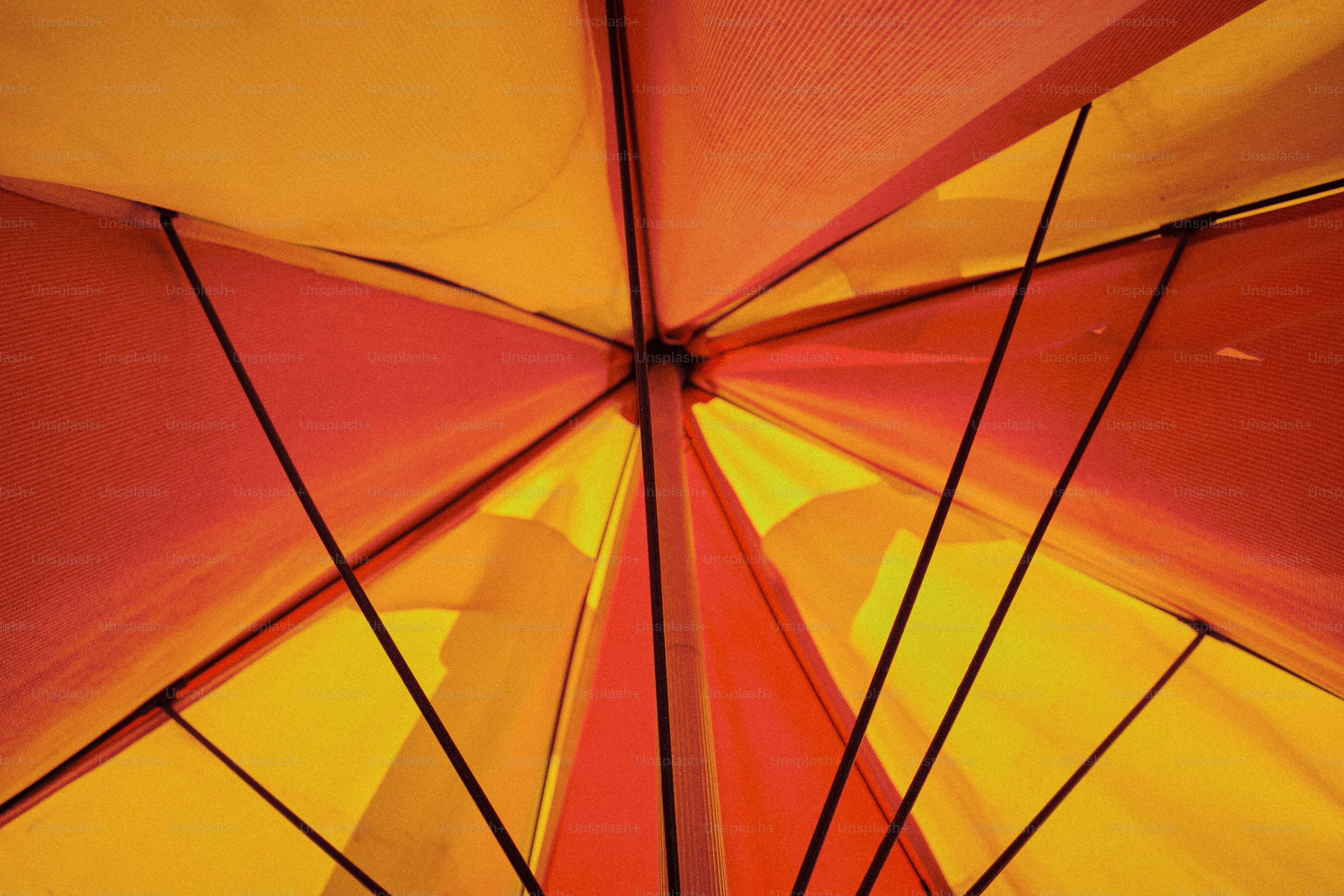Inside view of a colorful umbrella.