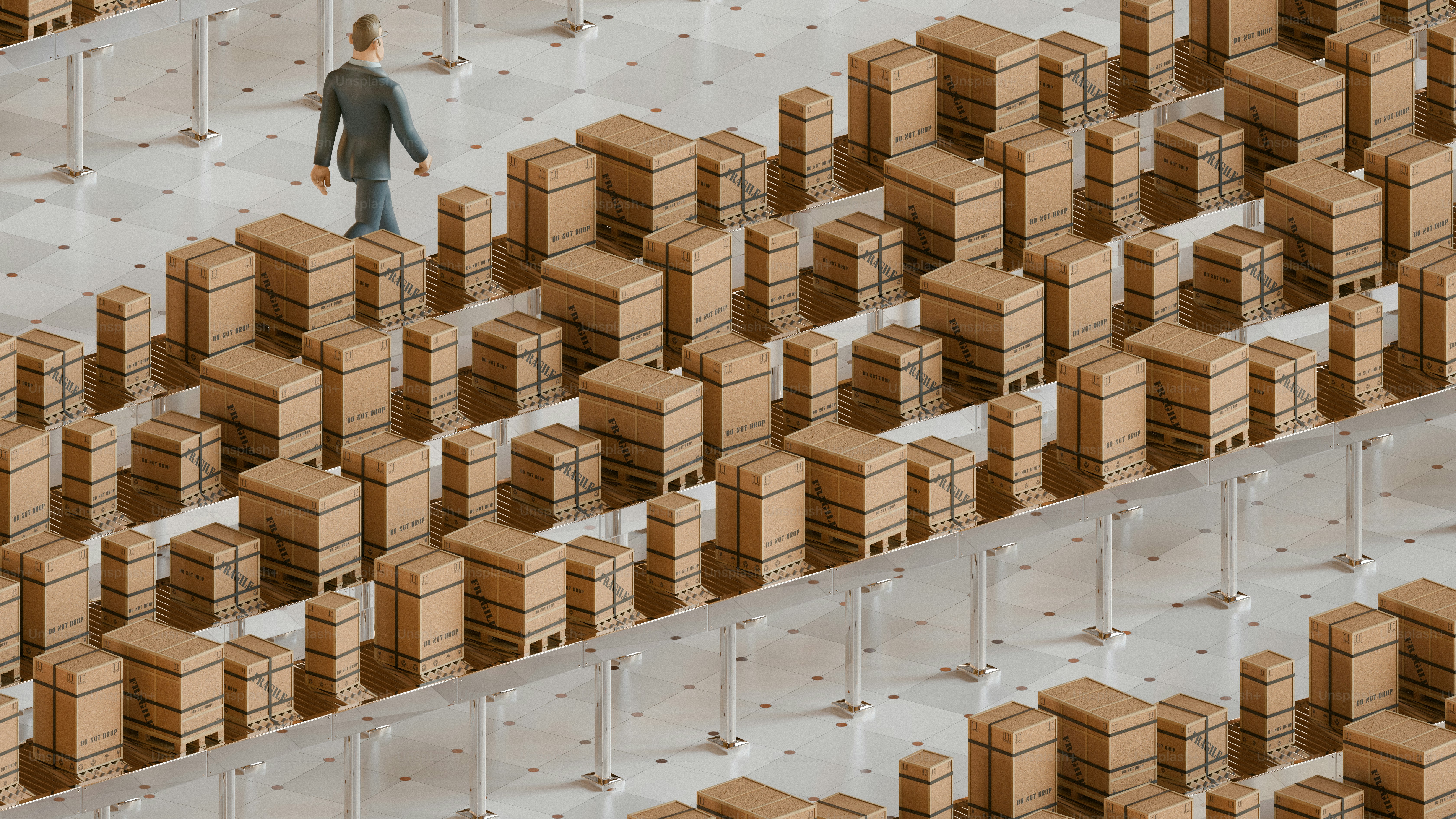 A man walks amongst boxes on conveyor belts.