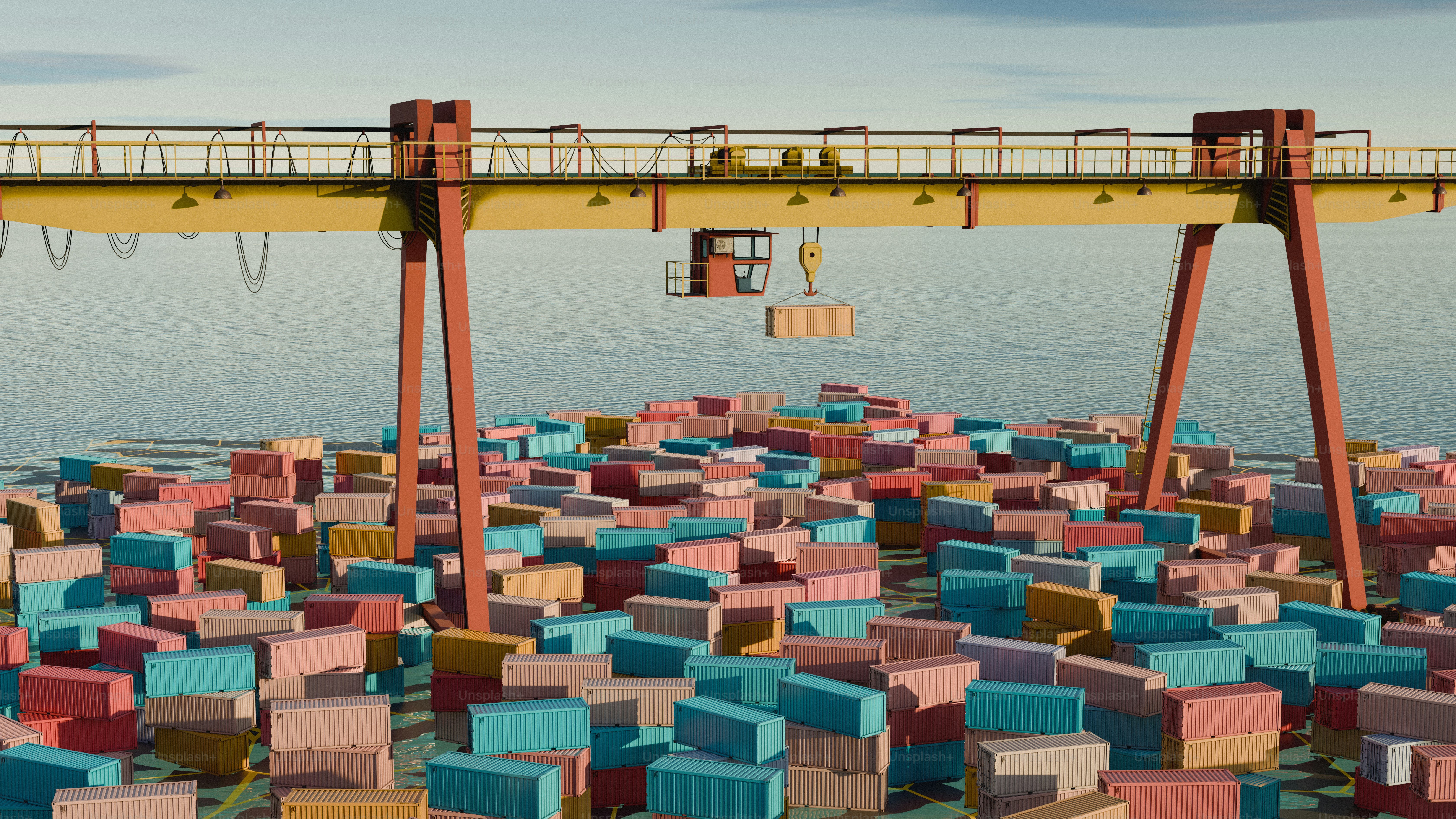 Crane lifts a shipping container over many others.